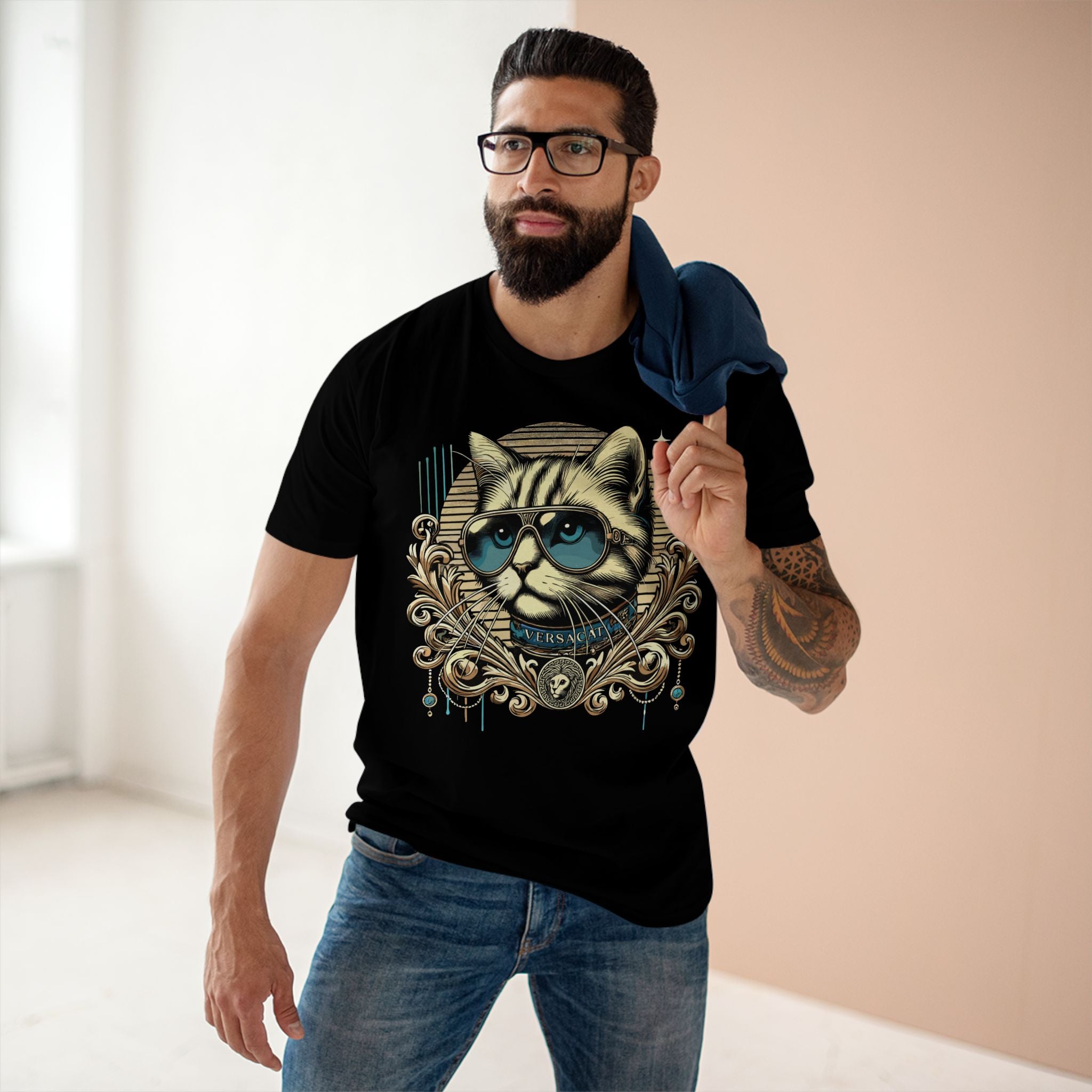 Model wearing Versacat Royal Baroque Graphic Cat Black T Shirt – stylish black unisex tee with ornate cat design