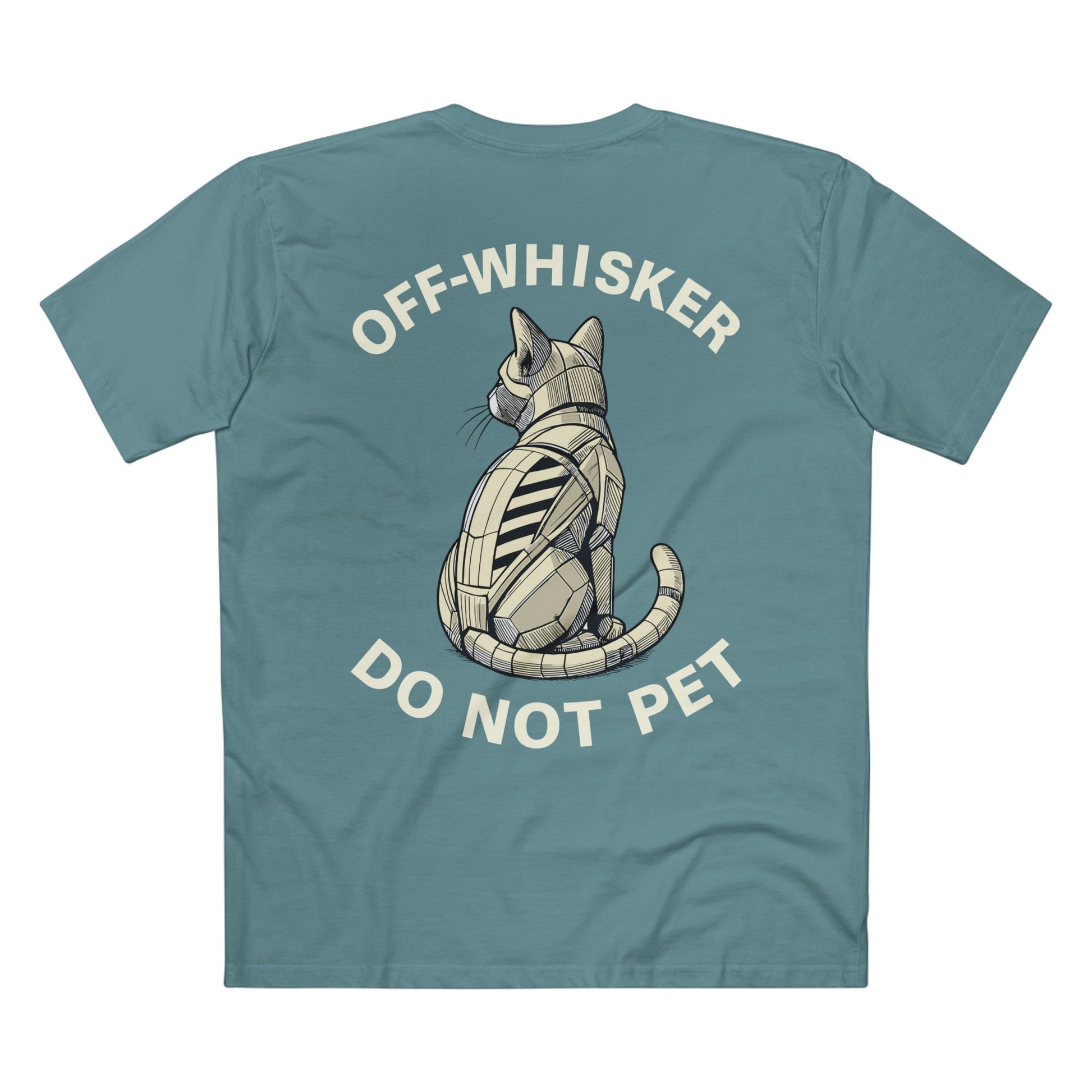 Back view of slate blue Off-Whisker Gen-01 Mech Cat t-shirt – funny cat shirts for women