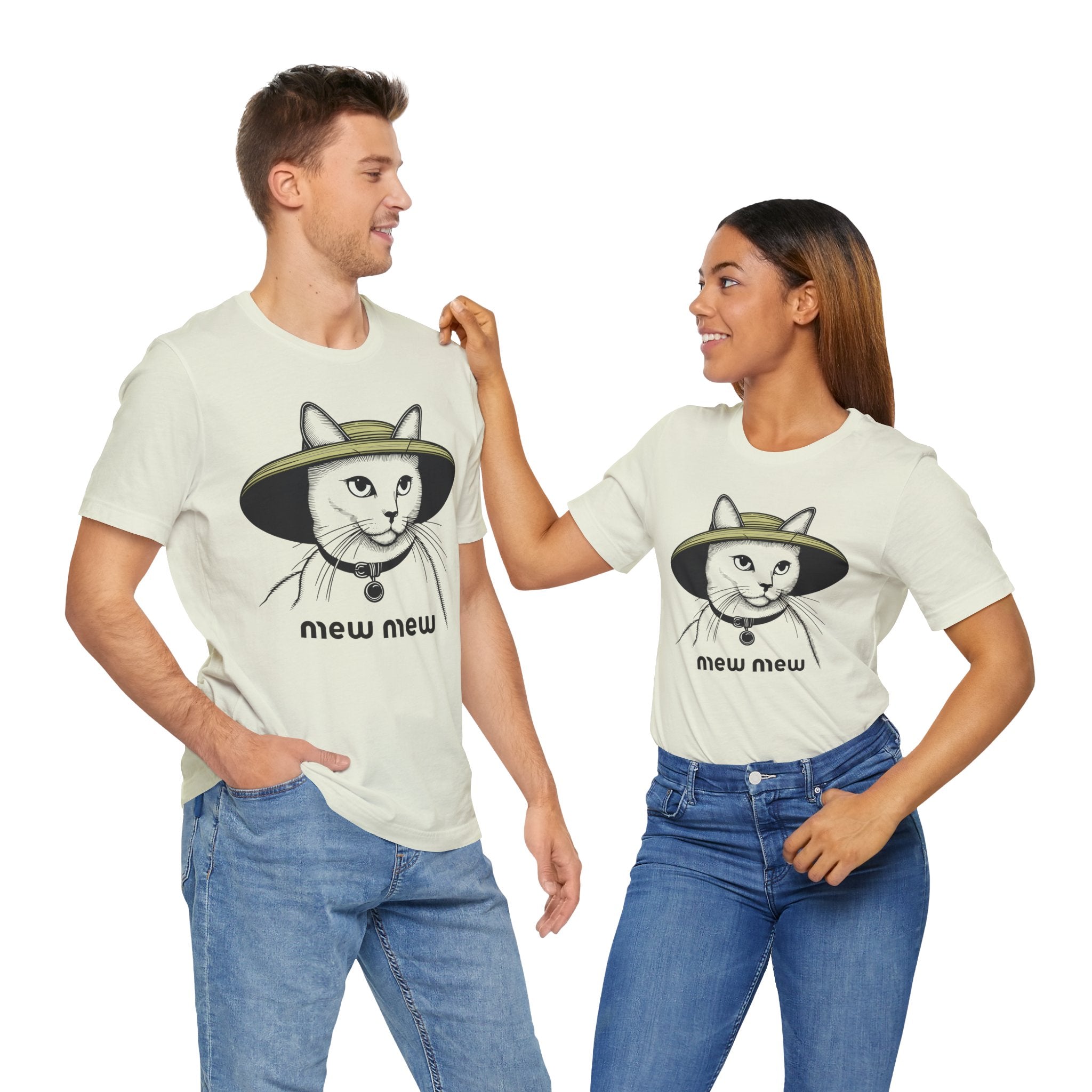 Cat shirts for women – citron unisex tees worn by male and female models, Mew Mew cat in hat graphic