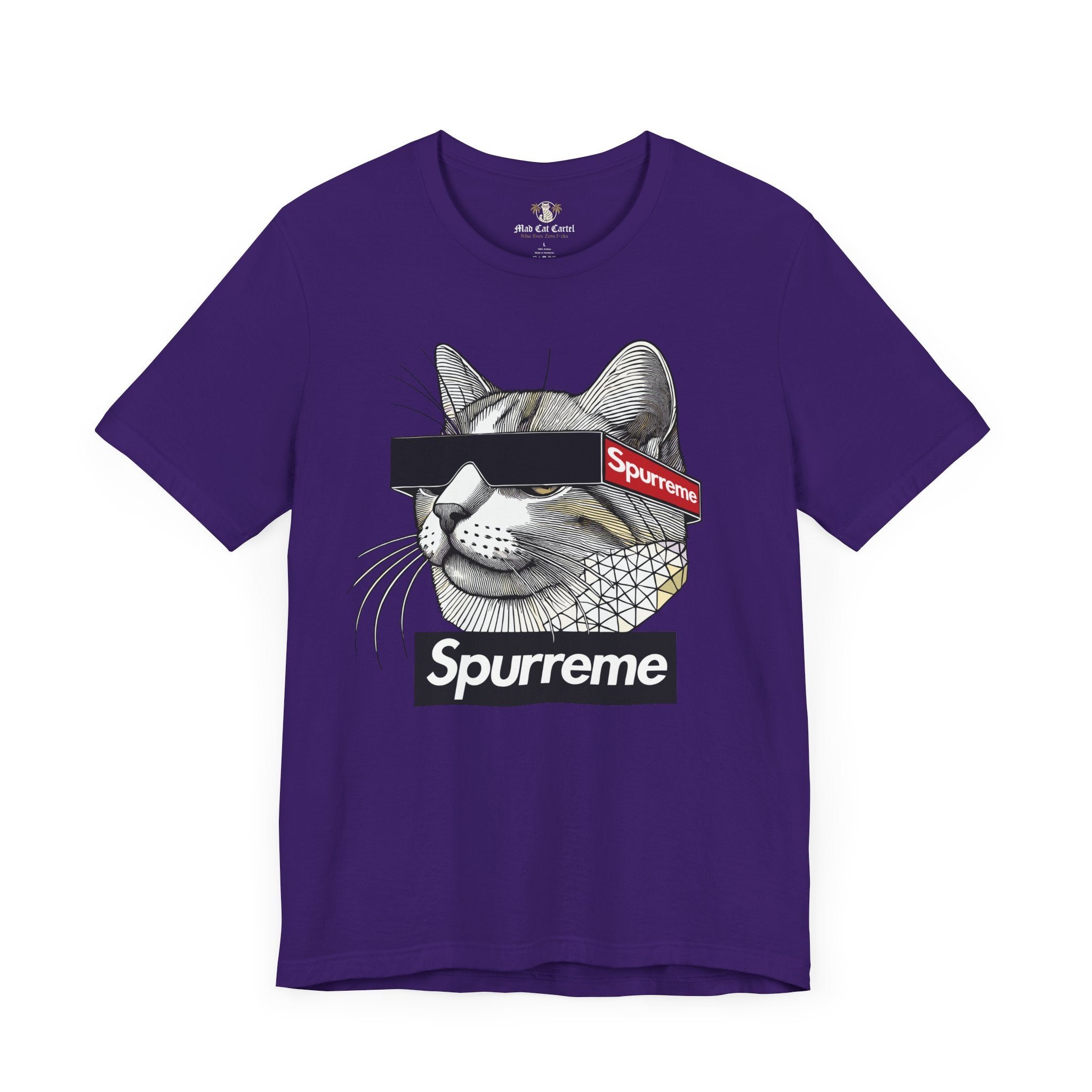 Spurreme Triangular Vision Cat Graphic T Shirt in Team Purple flat lay, cat t shirts for guys