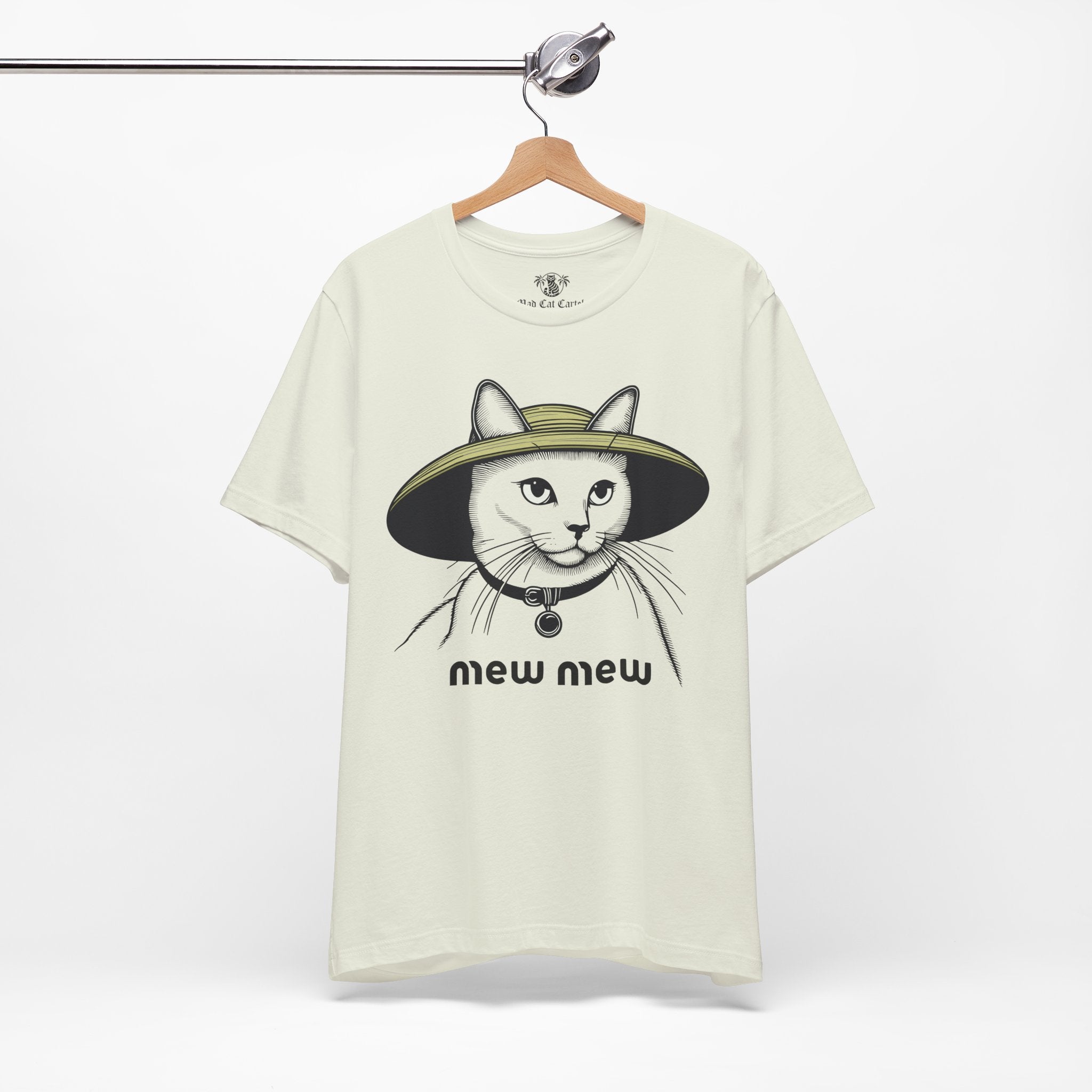 Cat shirts for cat lovers – citron unisex tee on hanger, front view, Mew Mew cat in wide-brim hat graphic
