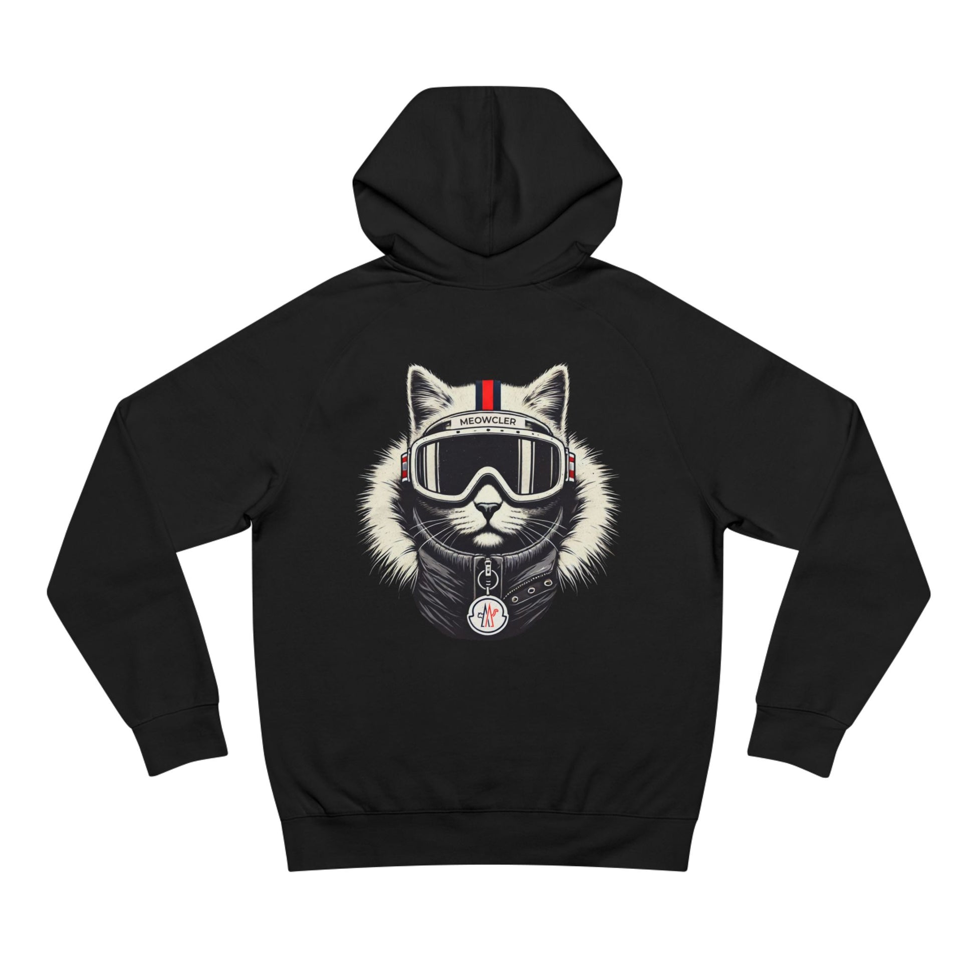 Back view of Meowcler black hoodie with ski cat design, cat graphic black hoodie
