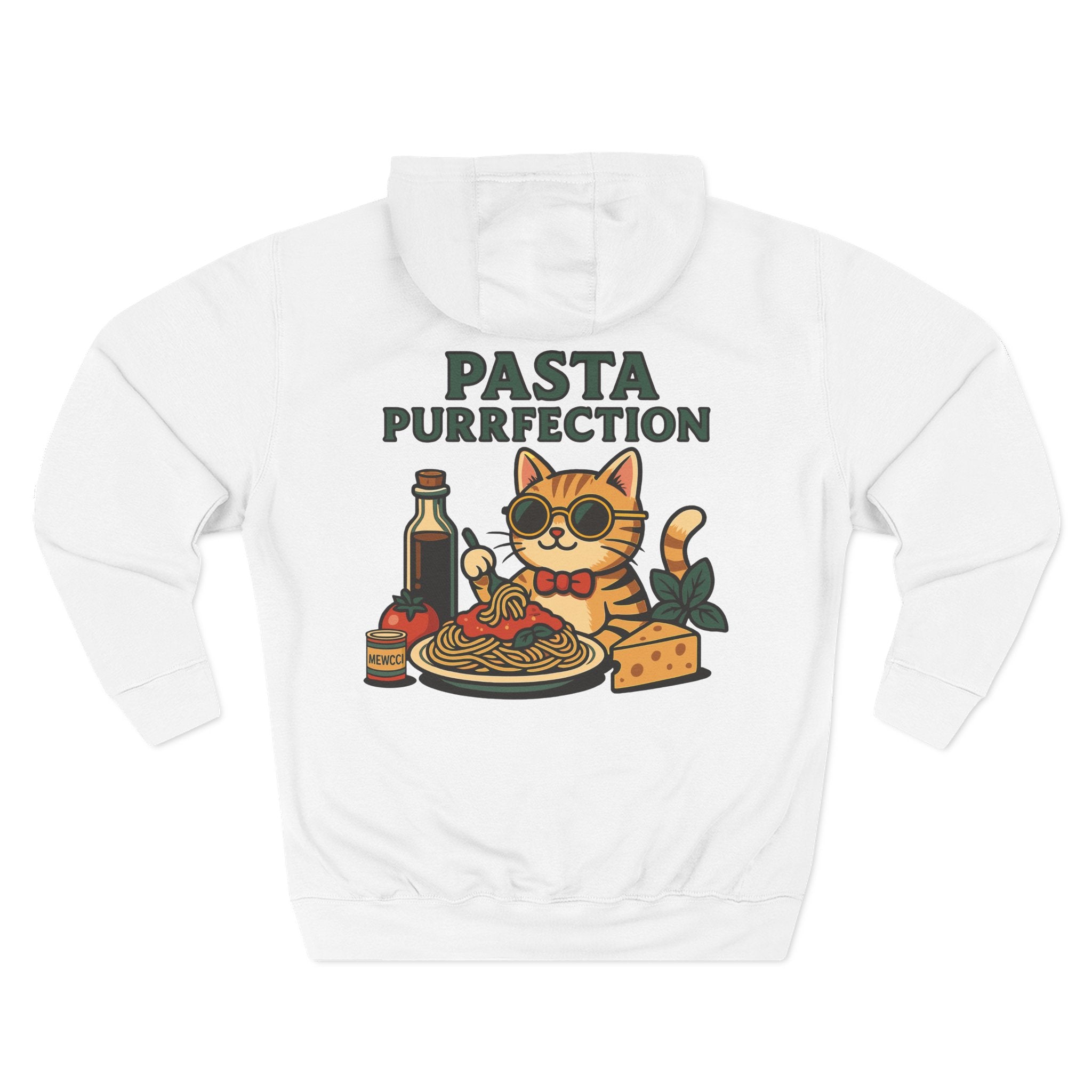 Back view of white hoodie with pasta chef cat design, cat themed clothes