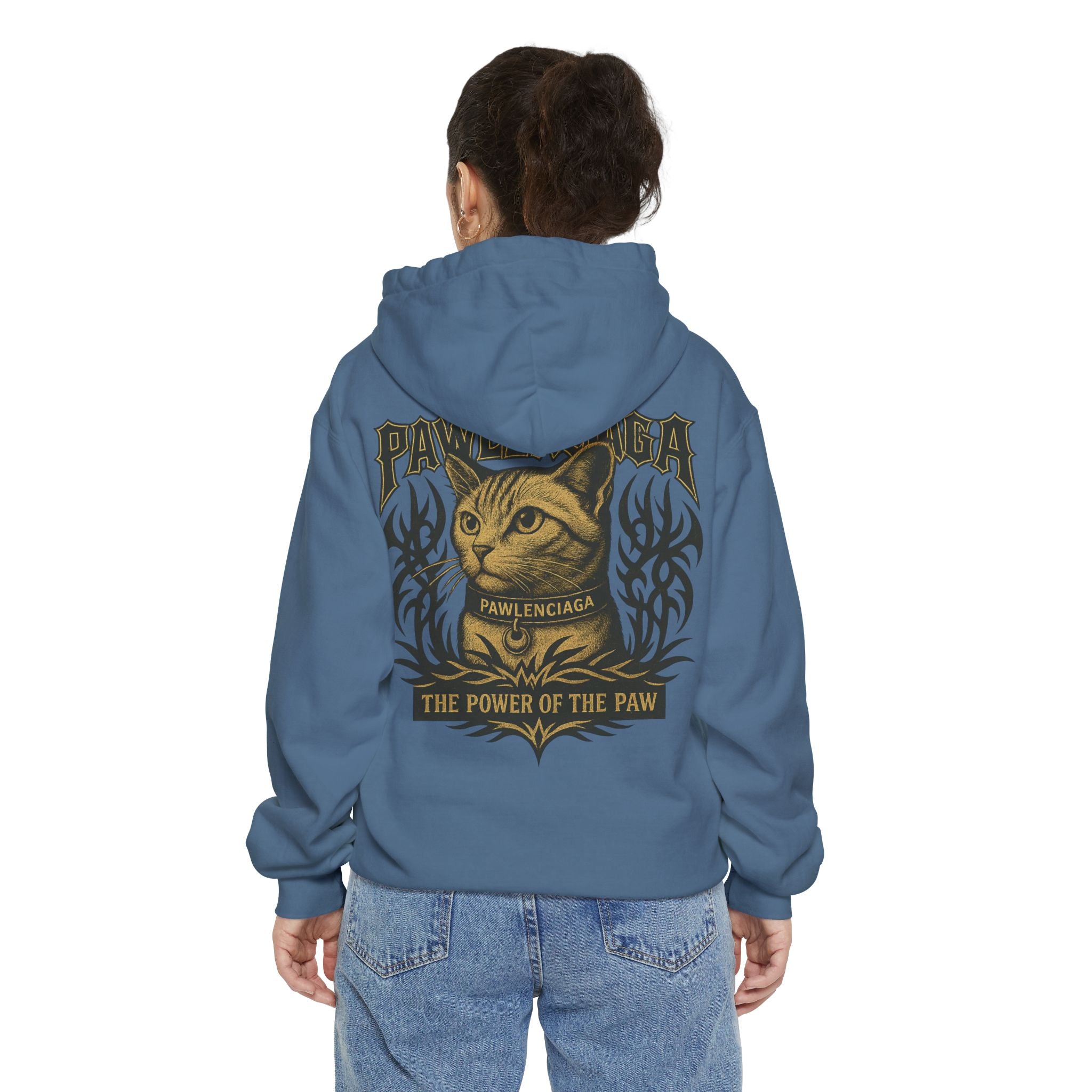 Back view of woman wearing Pawlenciaga The Power of Paw Blue Jean Hoodie, cat on a hoodie