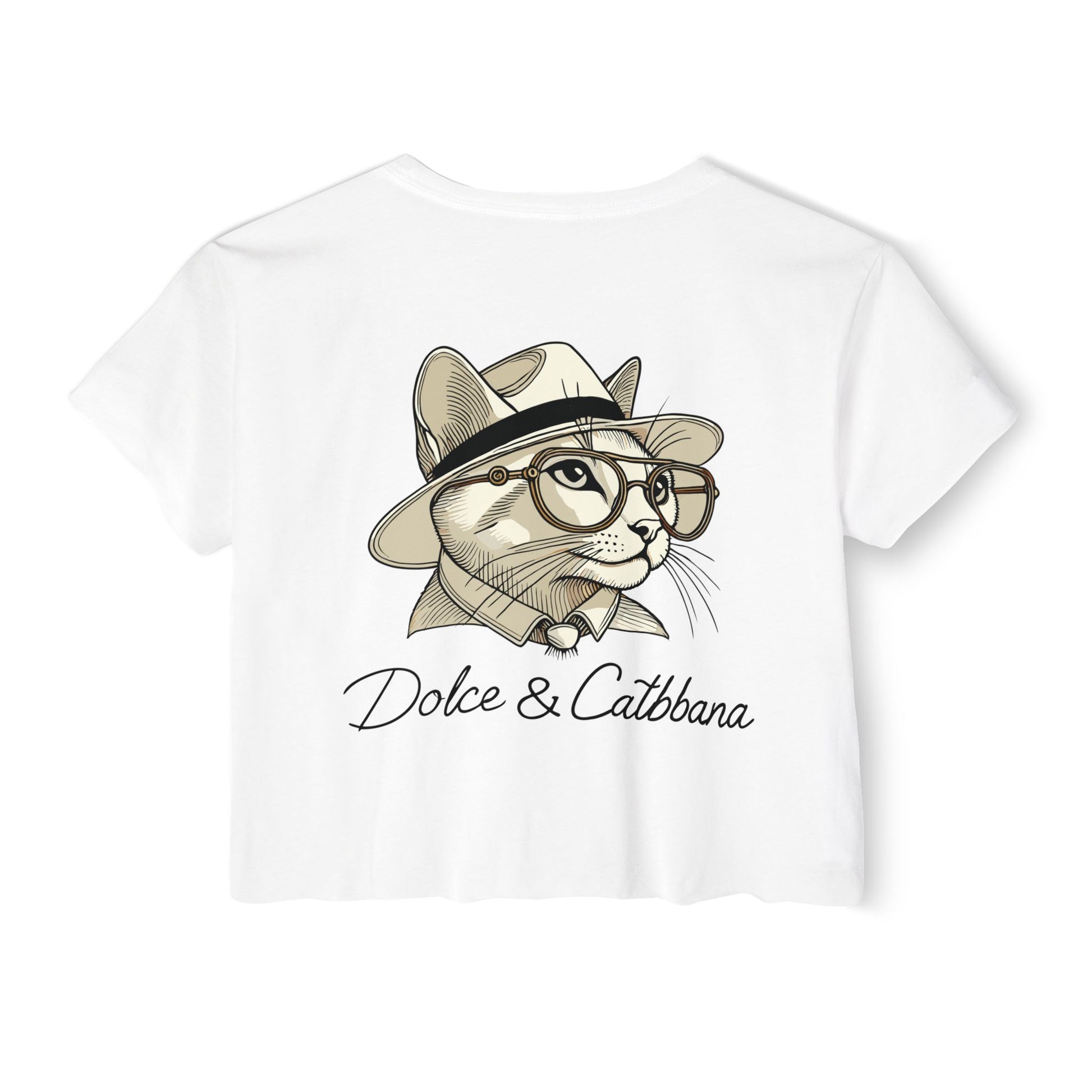 White women’s graphic crop top with fedora cat back design