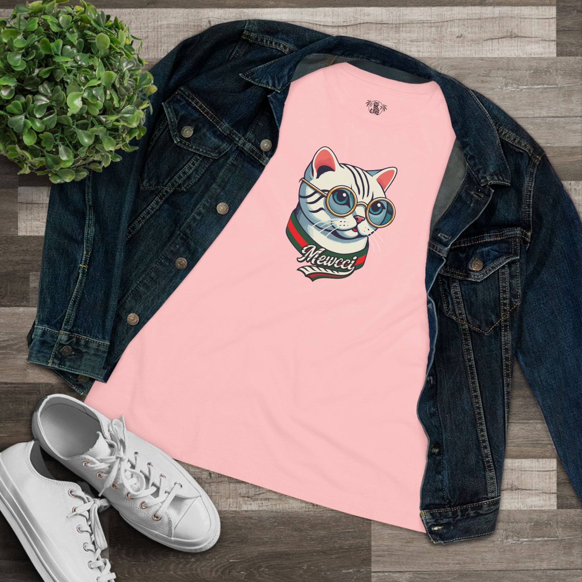 Pink funny cat tee with denim jacket womens cut