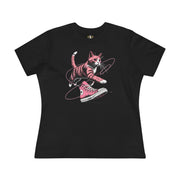 Catverse Apex Kick Cat Graphic Women’s T-Shirt in black flat lay front view, cat shirts for women, cat lover t shirt