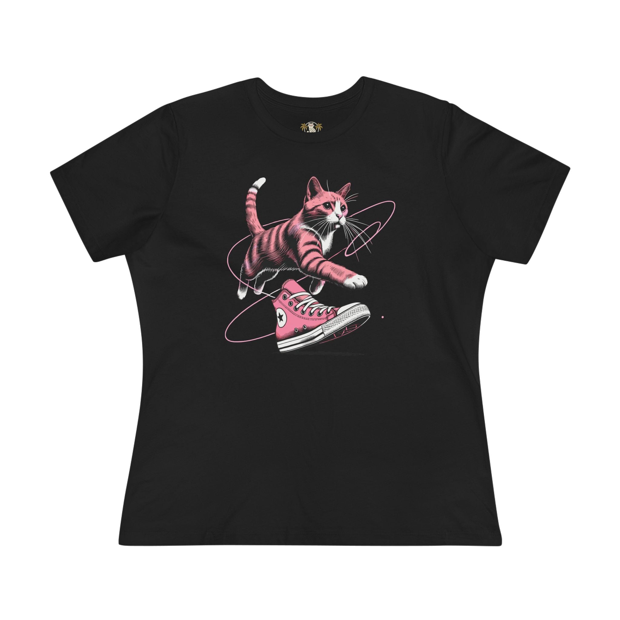 Catverse Apex Kick Cat Graphic Women’s T-Shirt in black flat lay front view, cat shirts for women, cat lover t shirt