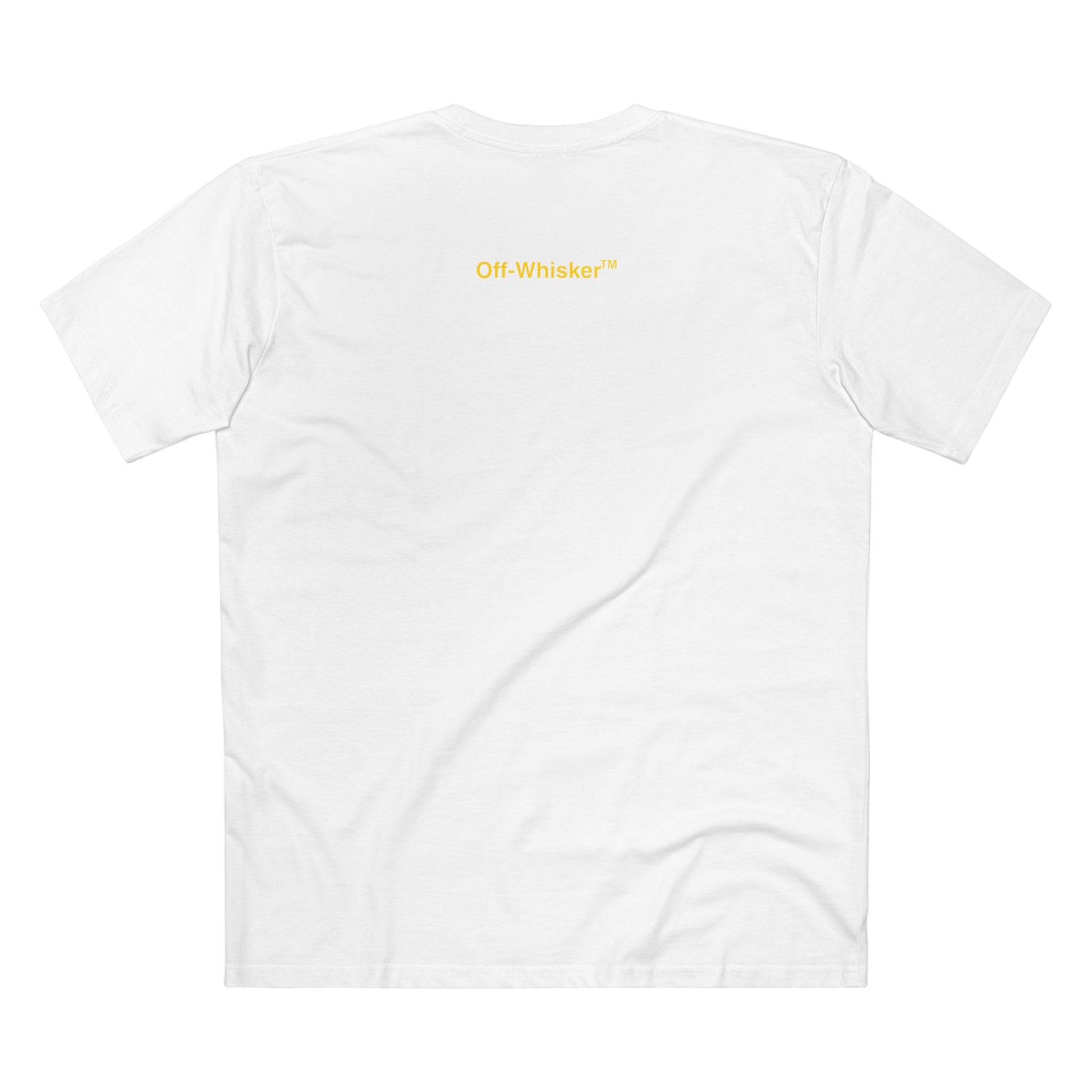 Back view of white Off-Whisker Industrial Drip cat print tee shirt – classic cat mens t shirt style