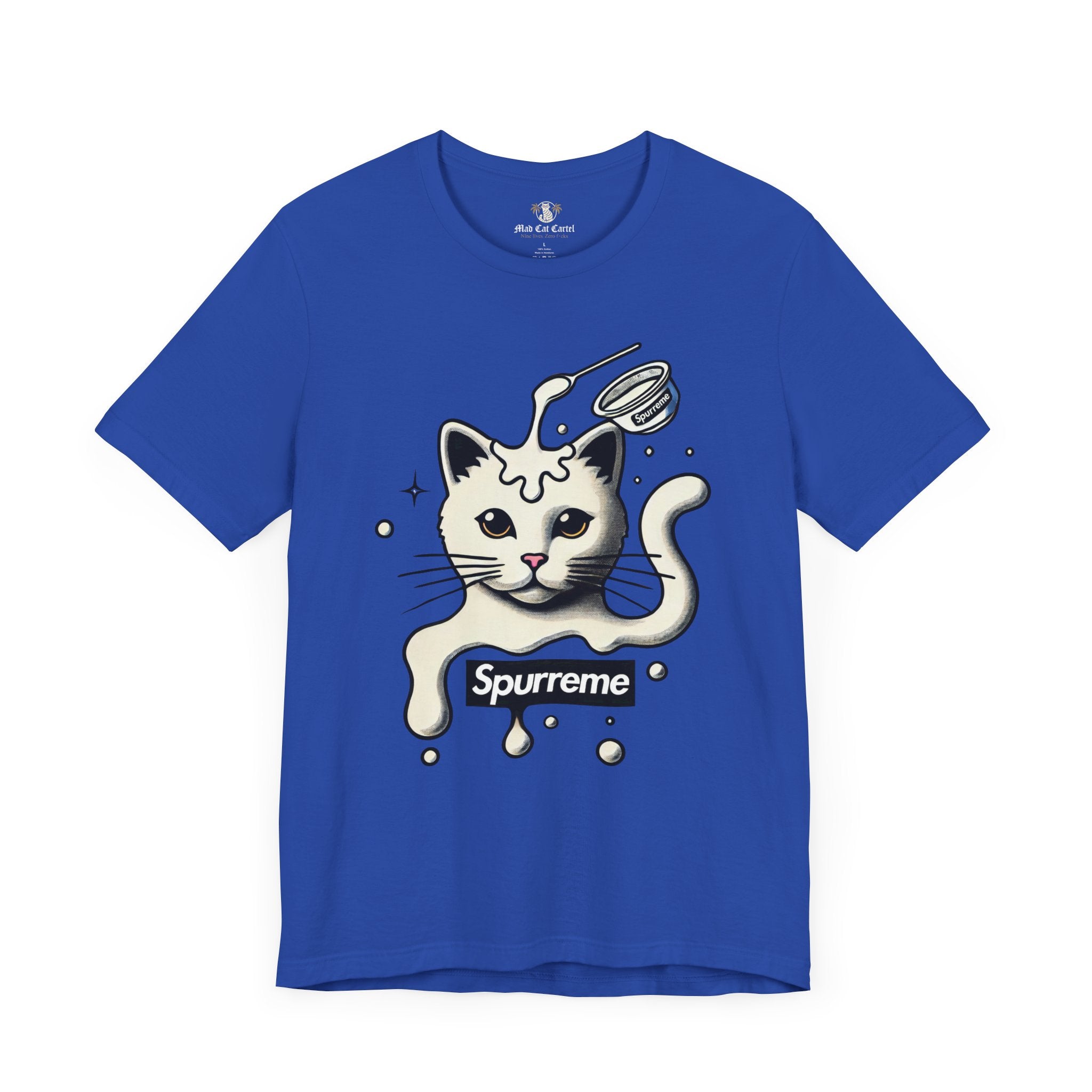 Team Royal Blue Spurreme Milky Mischief Cat Graphic t shirt front view – cat print tee shirts