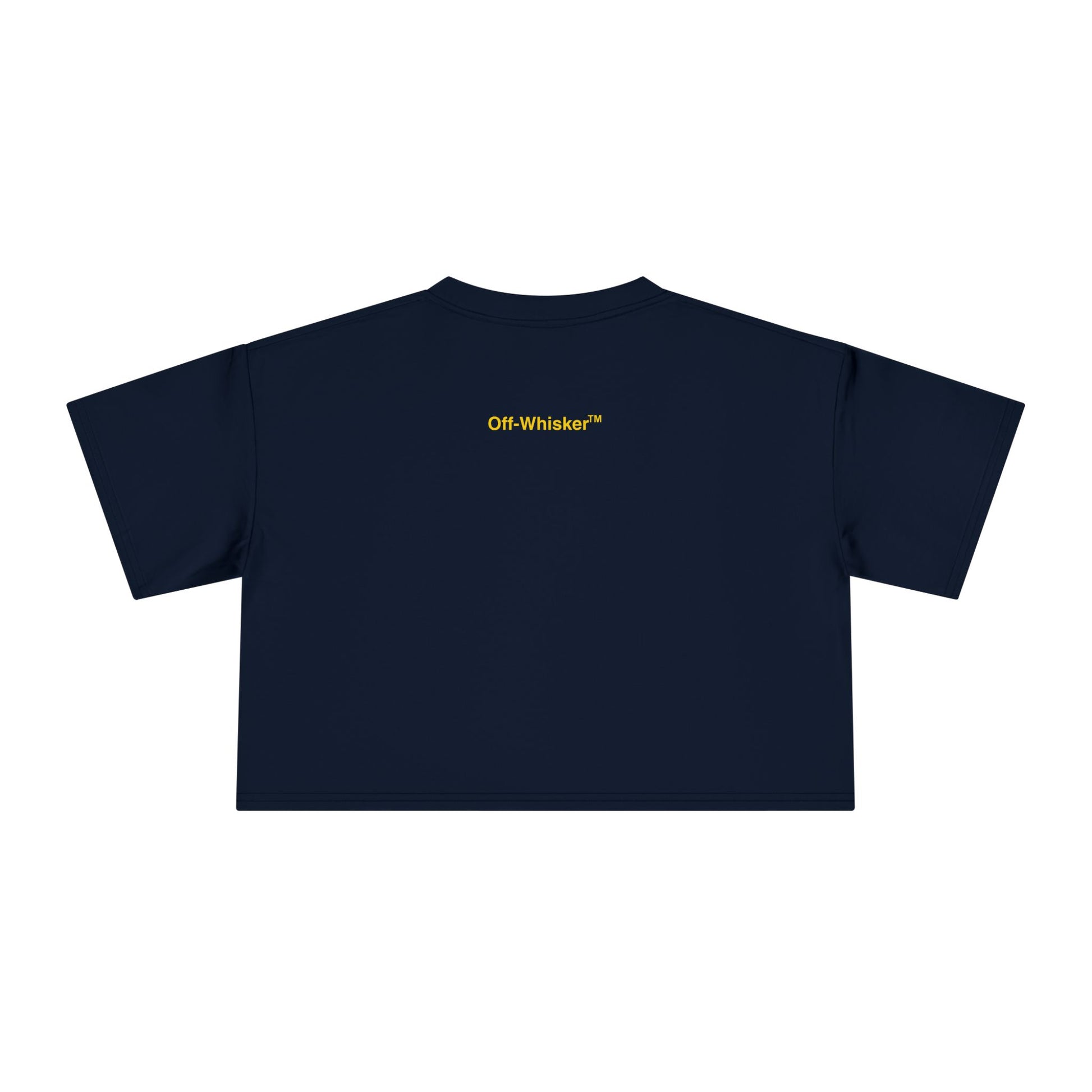 Navy blue crop top for cat lovers, Off-Whisker text logo back view