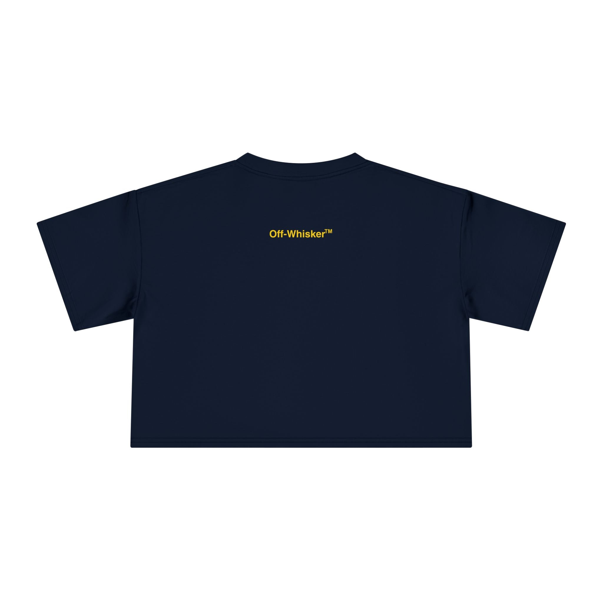 Navy blue crop top for cat lovers, Off-Whisker text logo back view