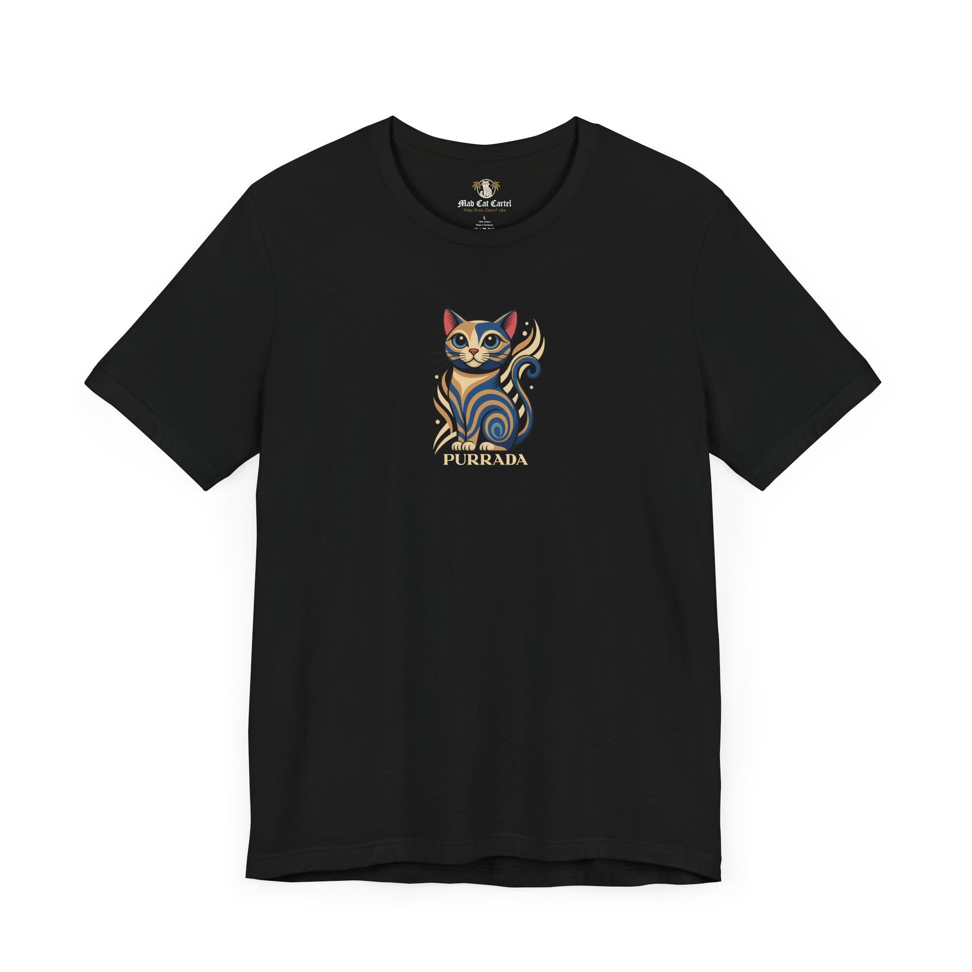 black shirt front flat lay, graphic cat print, everyday cotton tee
