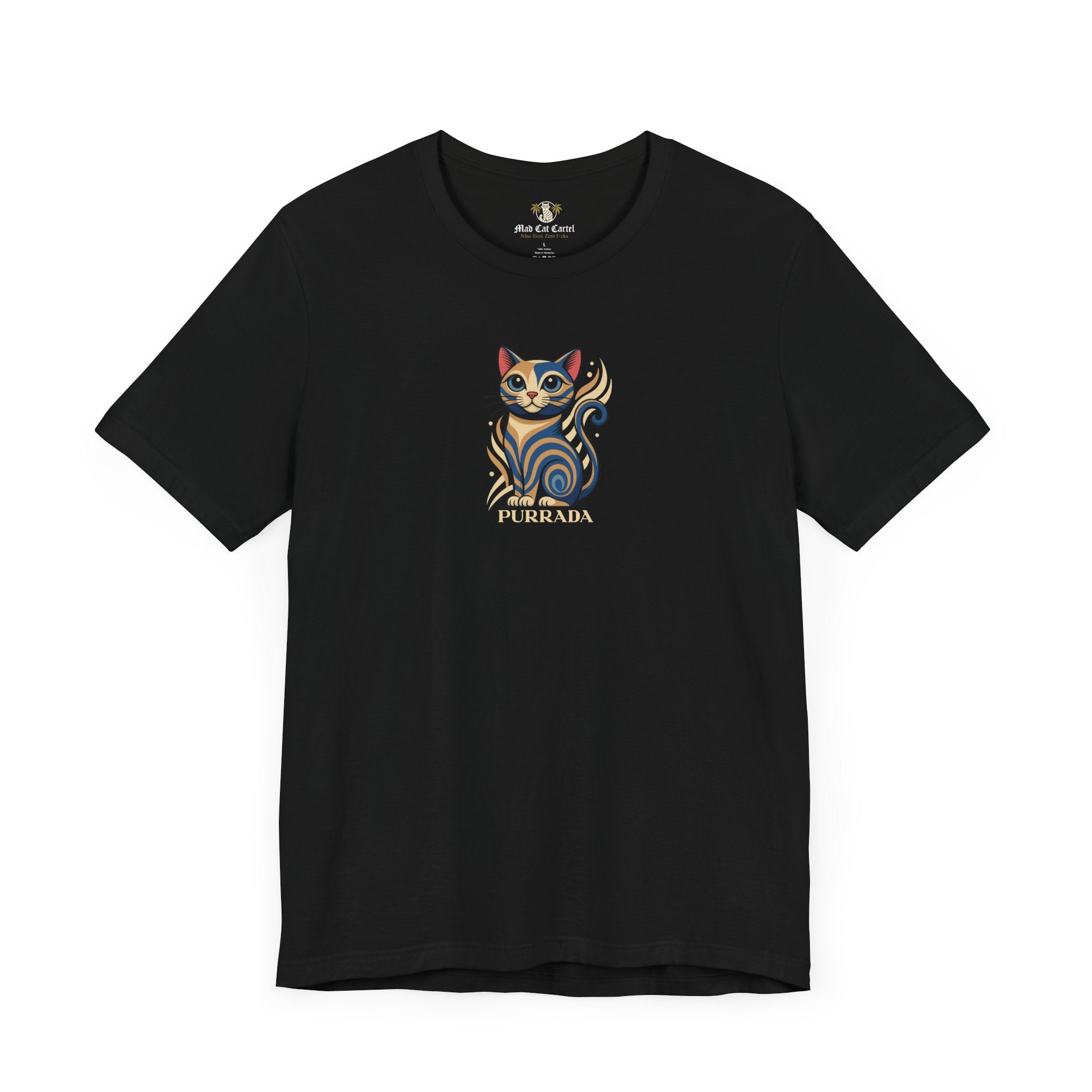 black shirt front flat lay, graphic cat print, everyday cotton tee