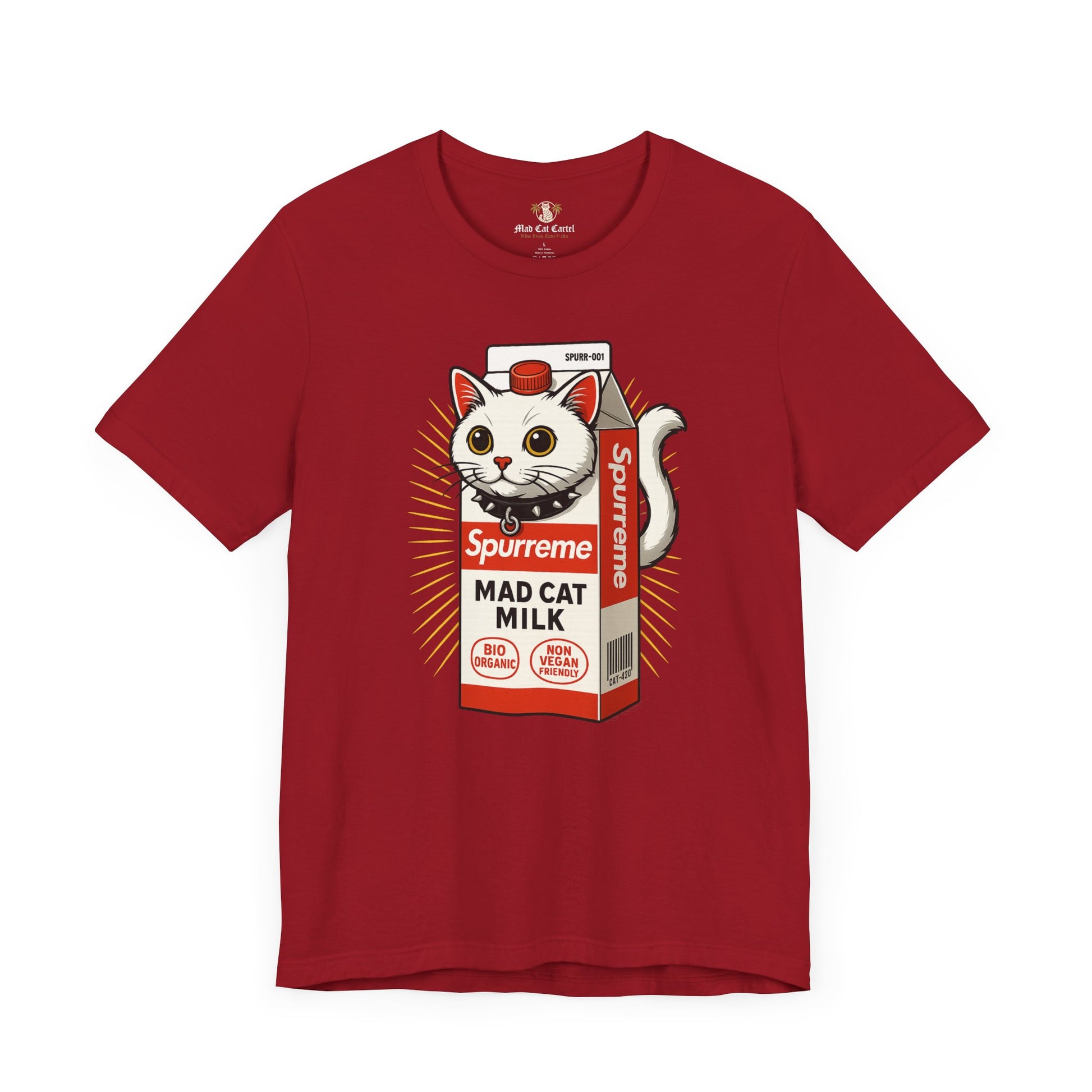 Canvas Red Spurreme Mad Cat Organic Milk t shirt front view – funny t shirts for men