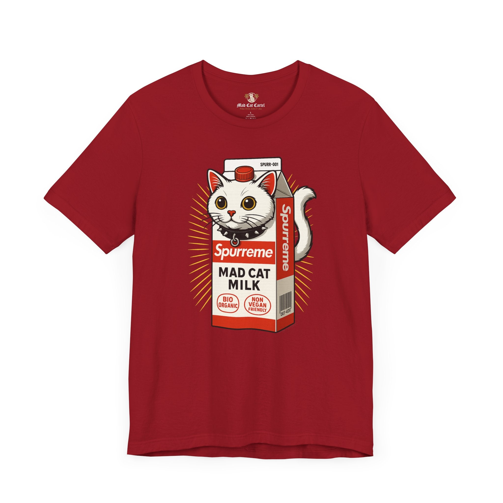 Canvas Red Spurreme Mad Cat Organic Milk t shirt front view – funny t shirts for men