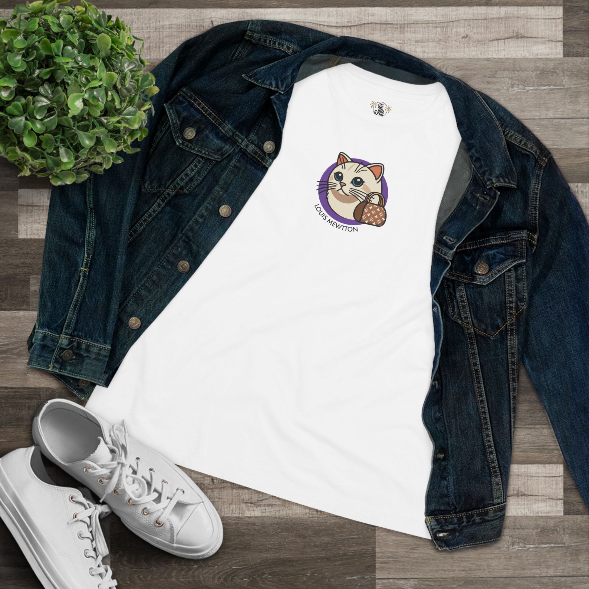 Styled flat lay Louis Mewtton Women's White T Shirt with denim jacket cat shirts for women