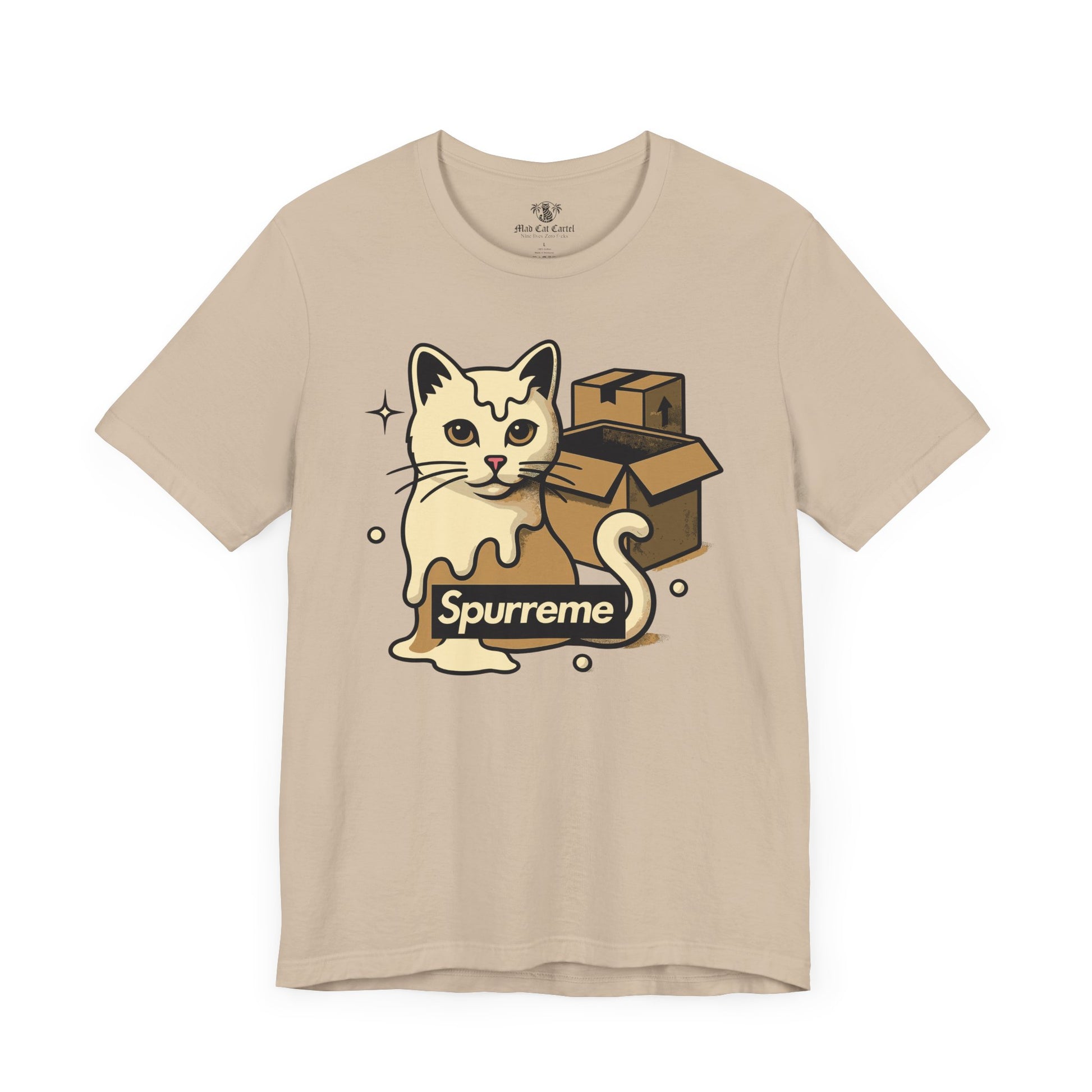 Tan t shirt front Spurreme Box Addict Cat Graphic