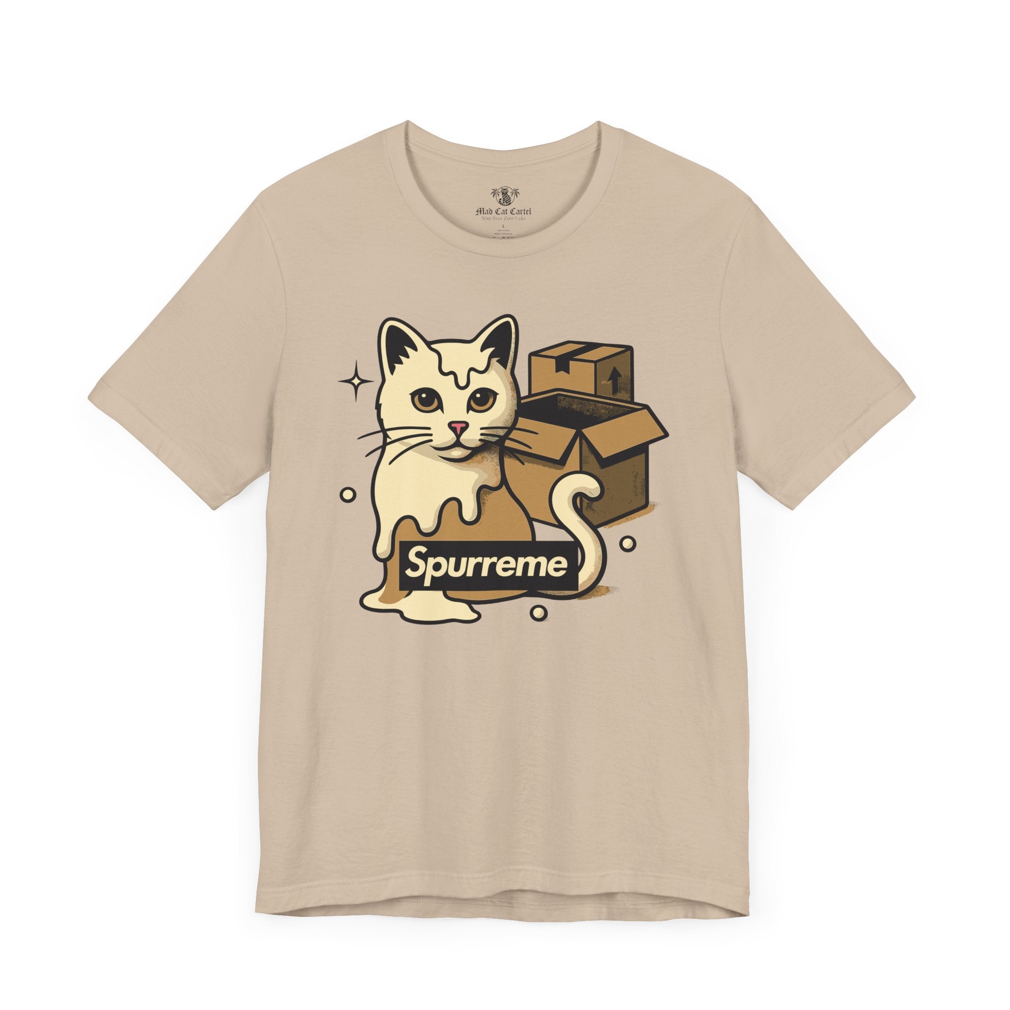 Tan t shirt front Spurreme Box Addict Cat Graphic