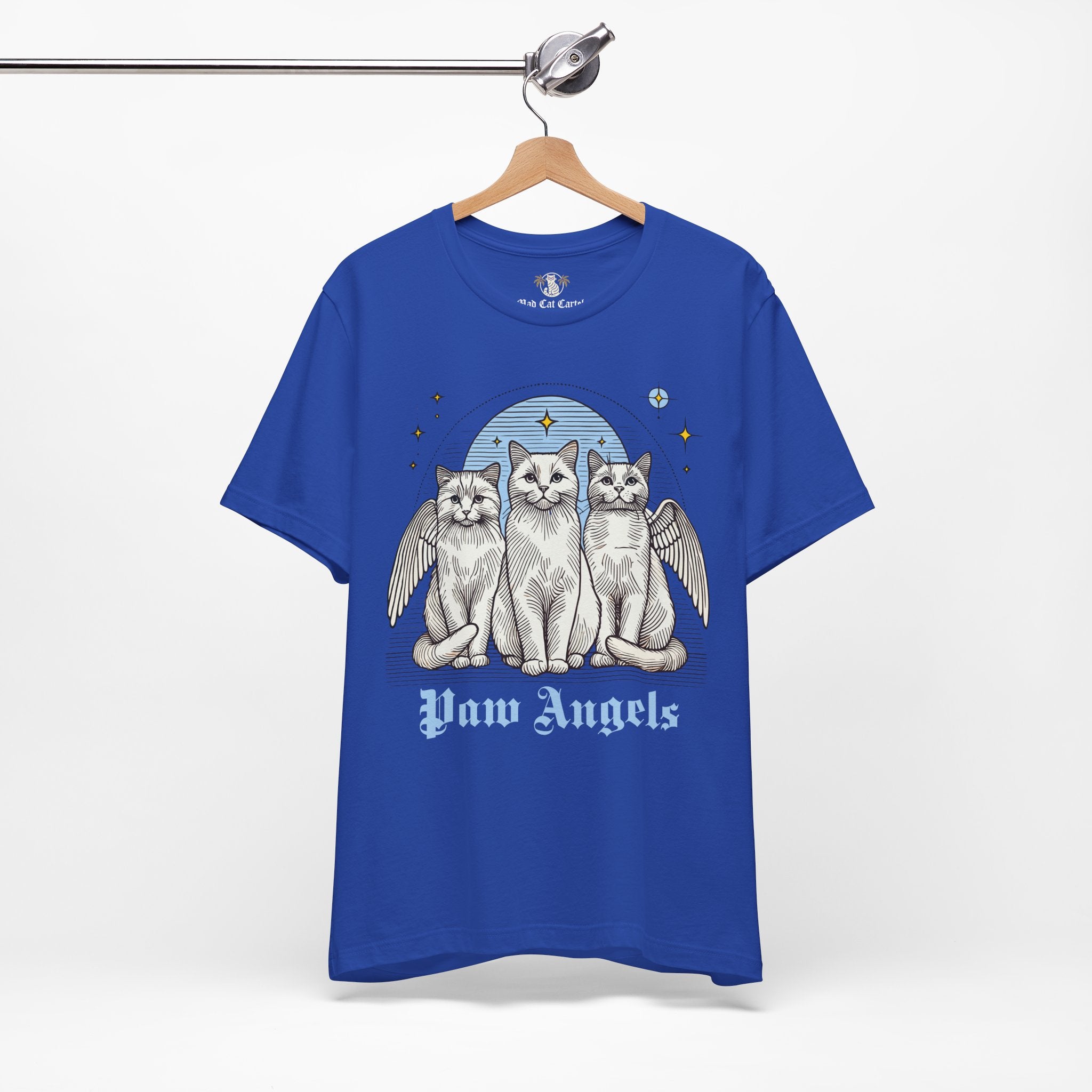 True Royal blue t shirt on hanger – cat on a shirt, bright blue