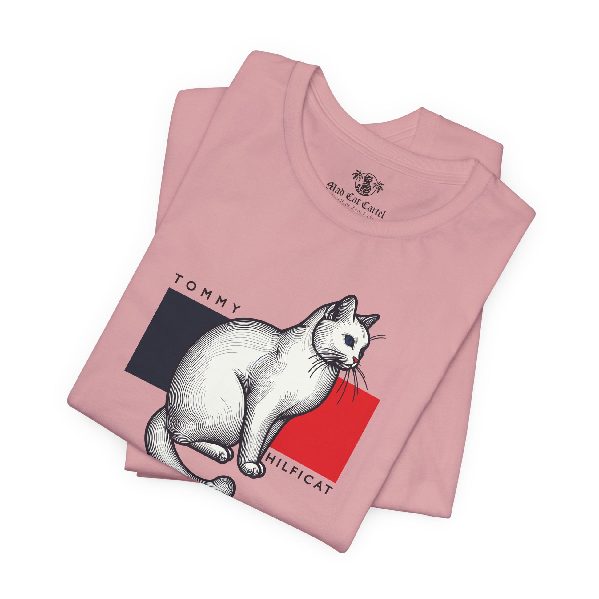 Orchid Pink cat mom t shirt flat lay folded pair