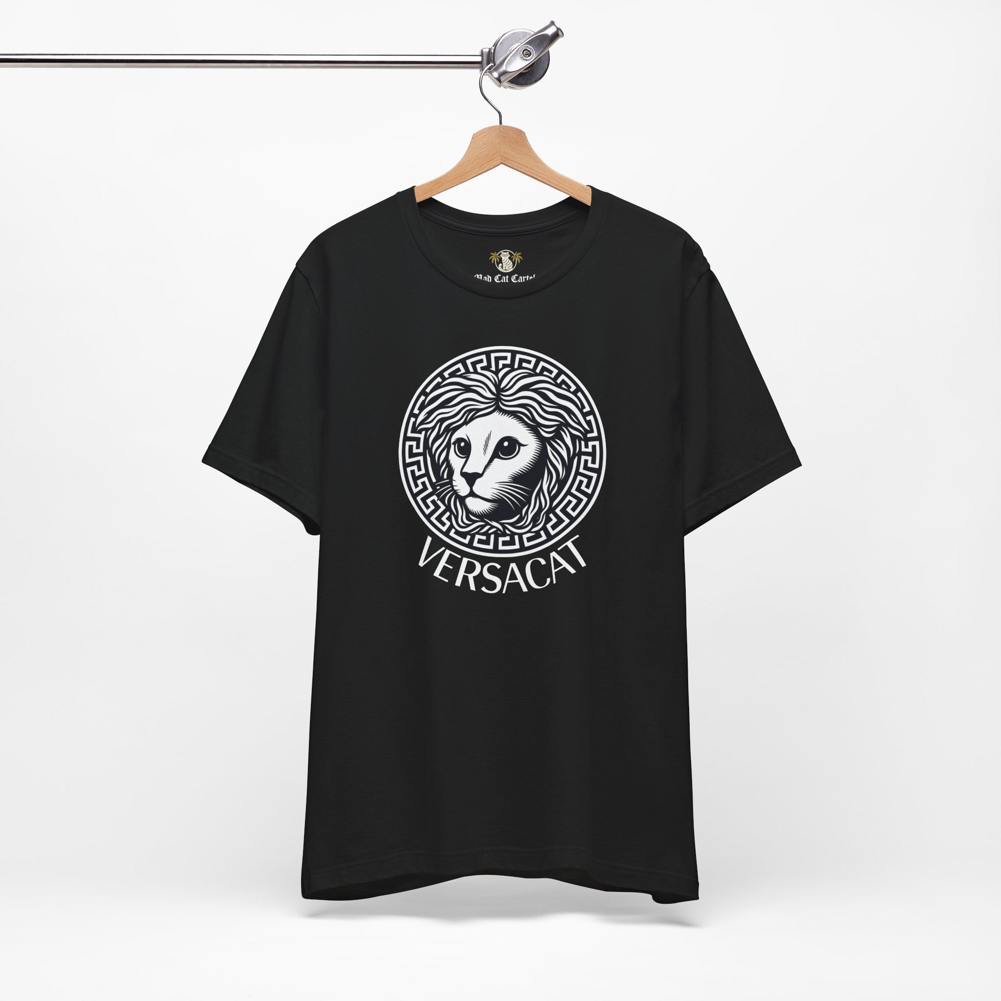 Black Versacat Medusa cat t-shirt on hanger
