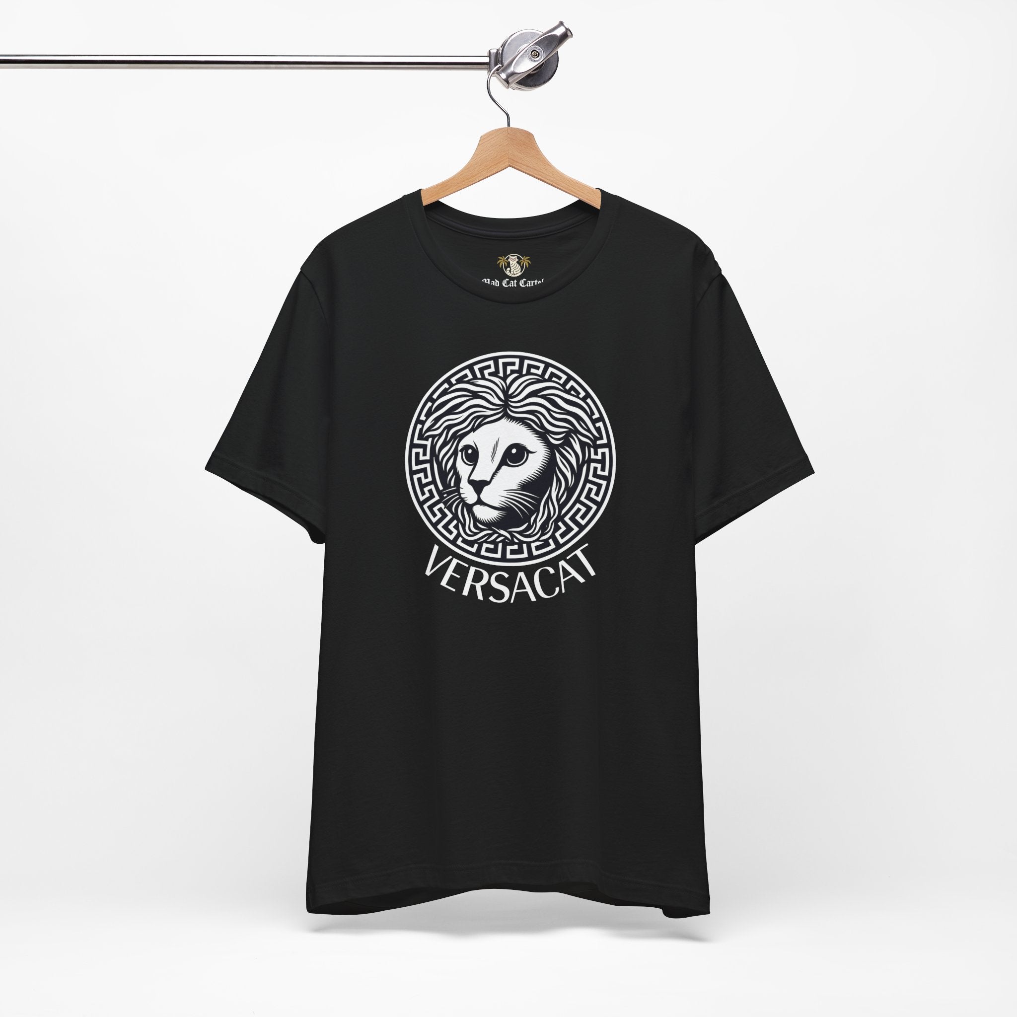 Black Versacat Medusa cat t-shirt on hanger