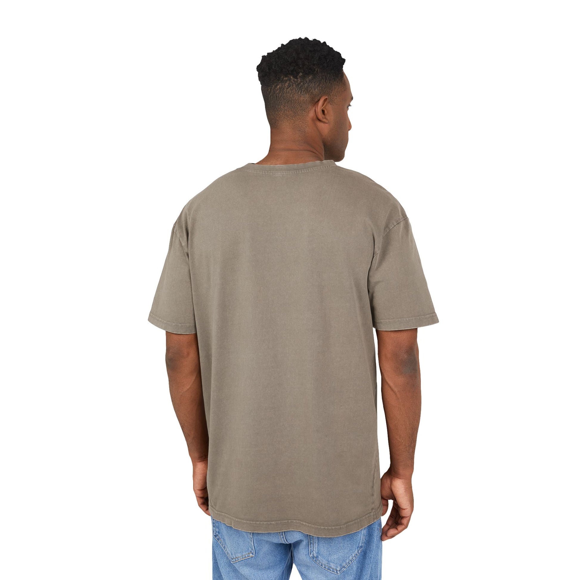 Model back view Mewcci Cat Pasta Sketch Acid Washed Khaki Oversized Men's T Shirt, dark khaki color