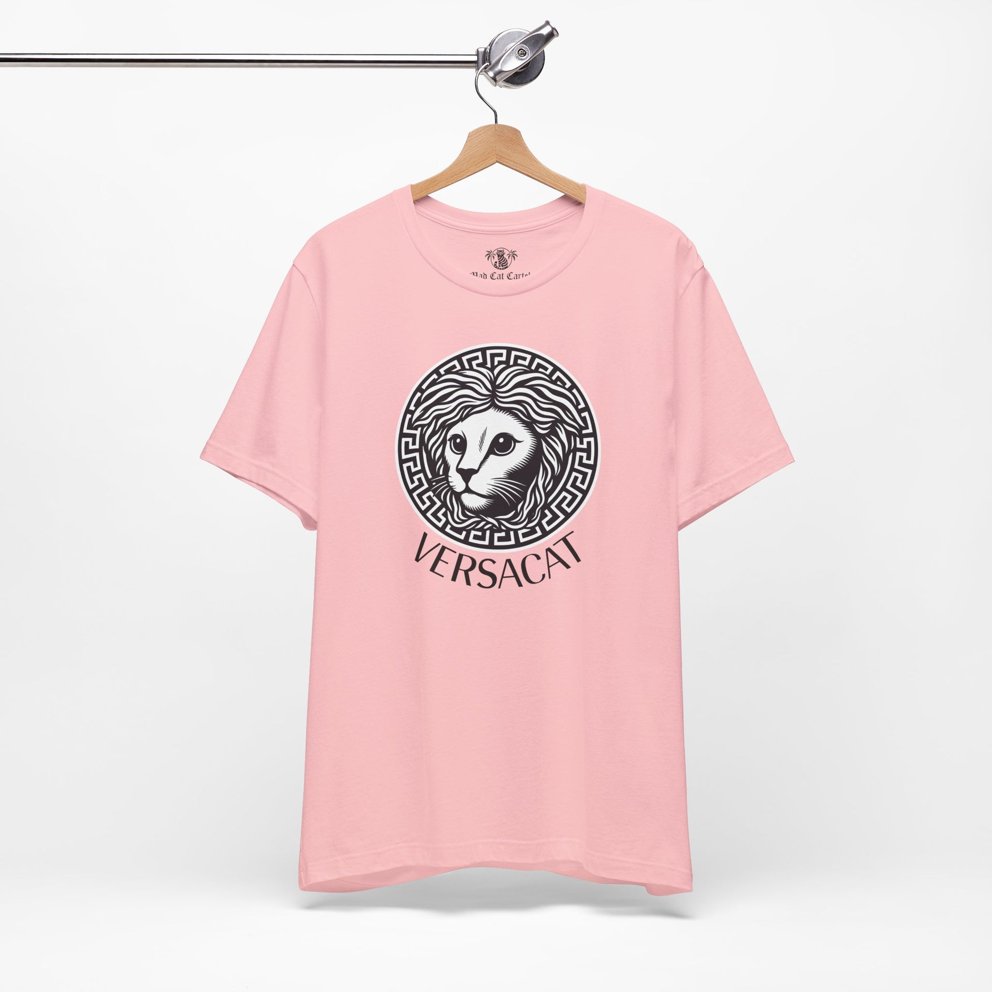 Pink Versacat Medusa cat emblem t-shirt on hanger