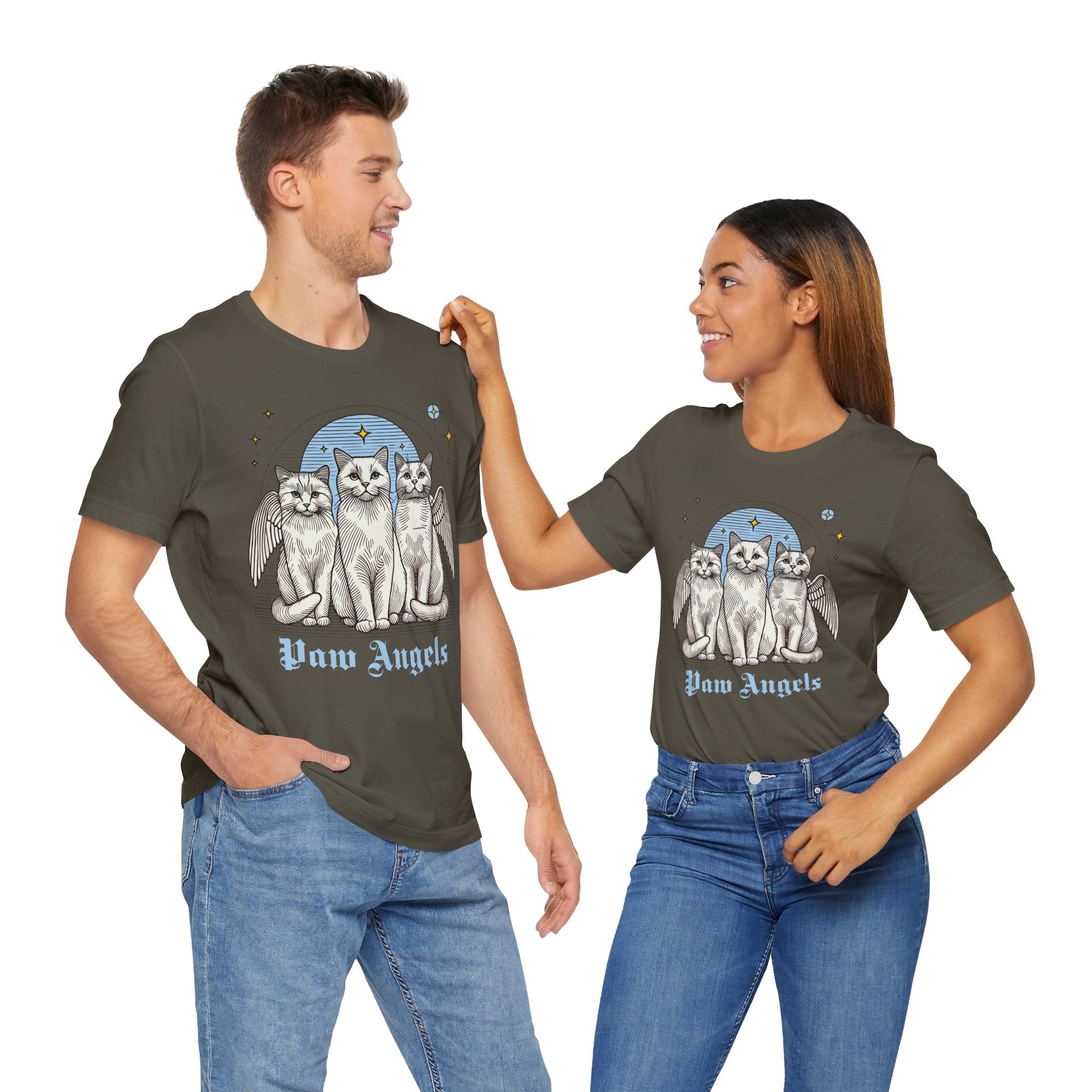 Couple wearing Paw Angels Holy Trinity t shirts – funny cat shirts for guys and women