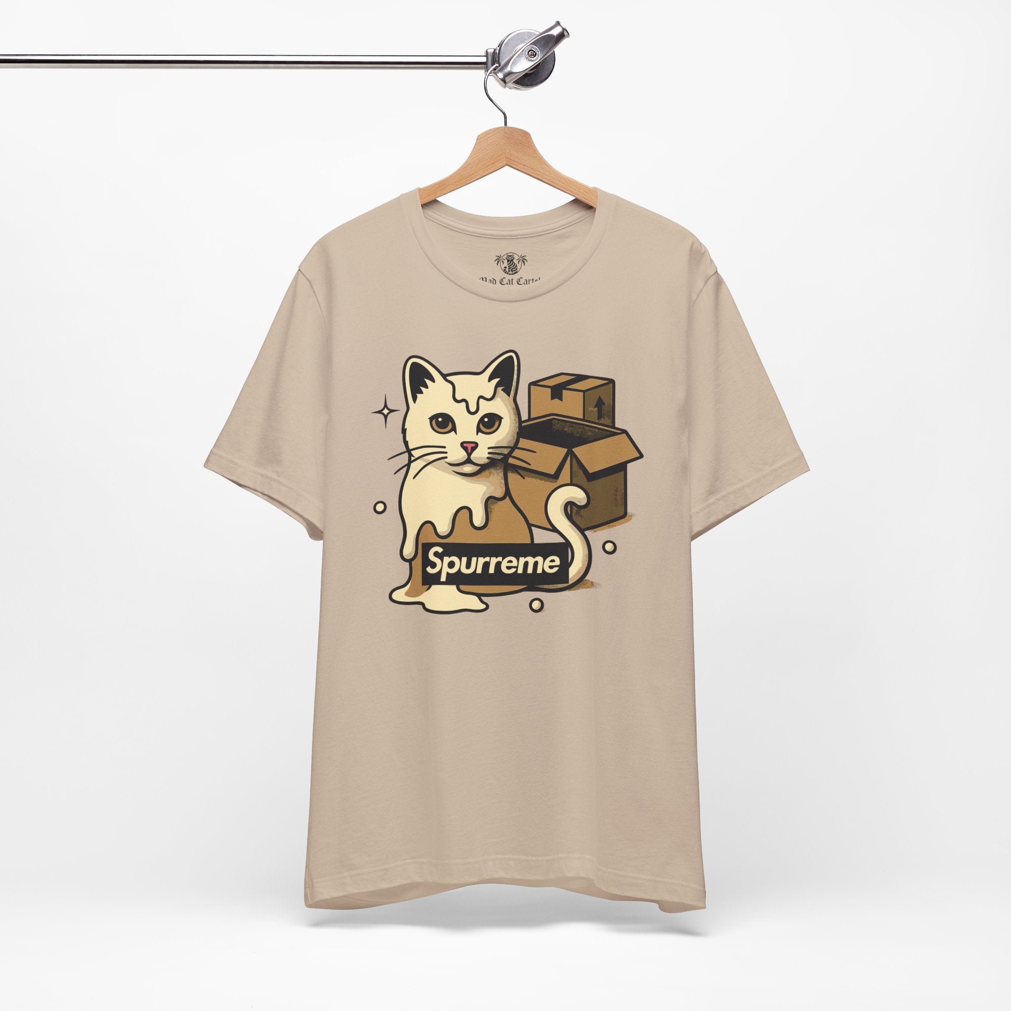 Tan t shirt hanging clothes with cats on them
