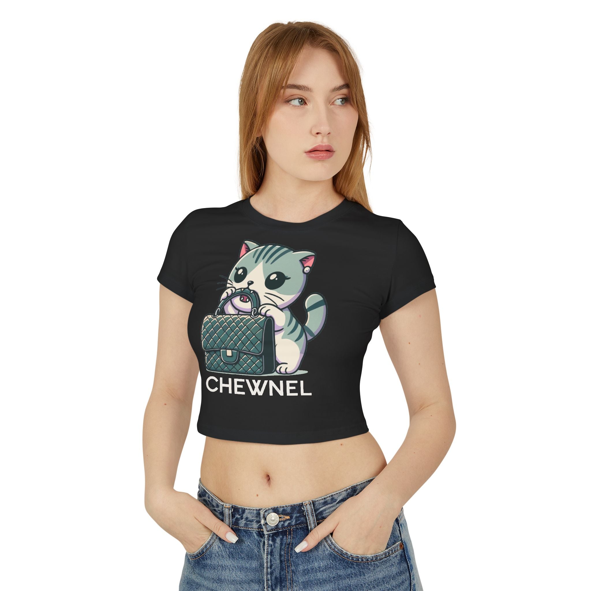 Model wearing Chewnel Purse Snatcher Cat Black Baby Tee