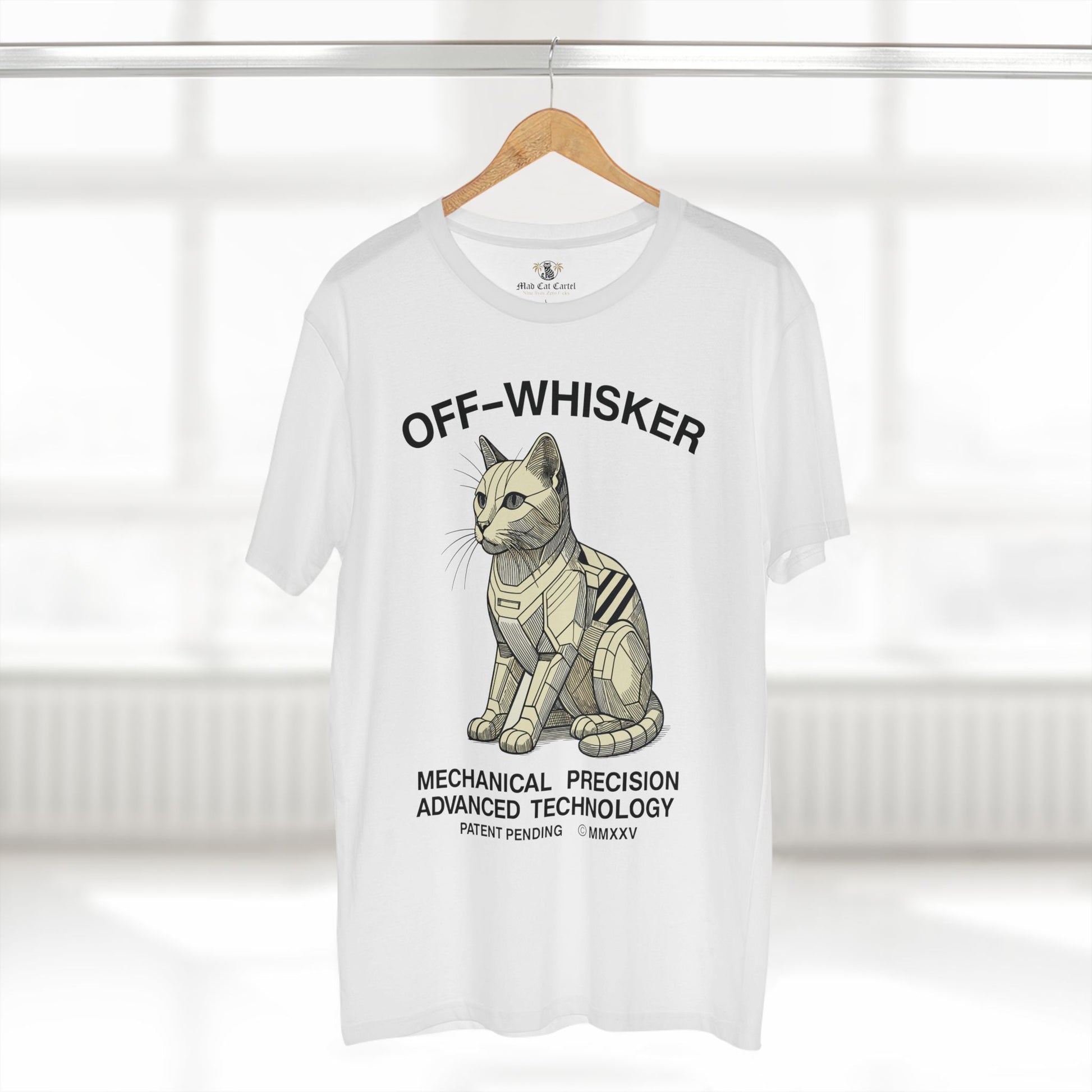 White Off-Whisker Gen-01 Mech Cat t-shirt on hanger – unisex cat graphic tee