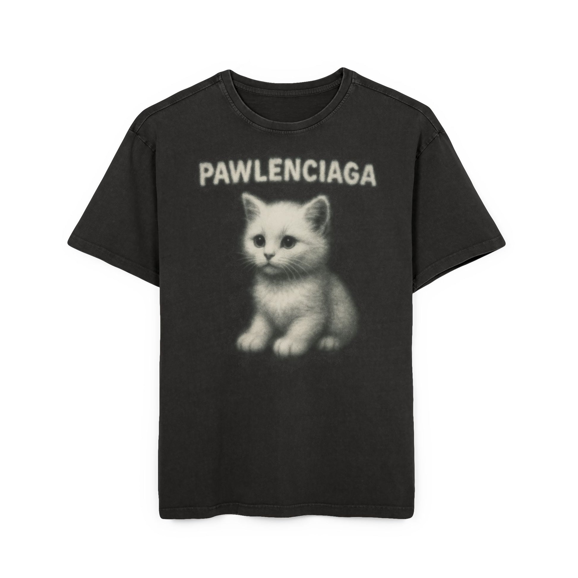Pawlenciaga White Aura Kitty Print Graphic Acid Washed Oversized T-Shirt Black, black graphic t-shirt front view