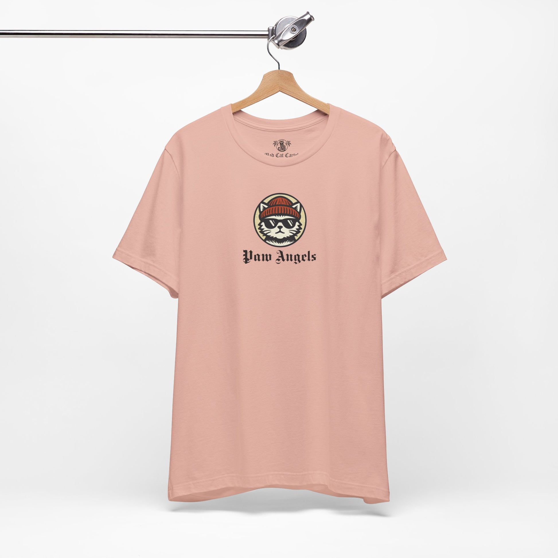 pink Paw Angels Born to Fly street angel cat t shirt on hanger – cat themed shirts