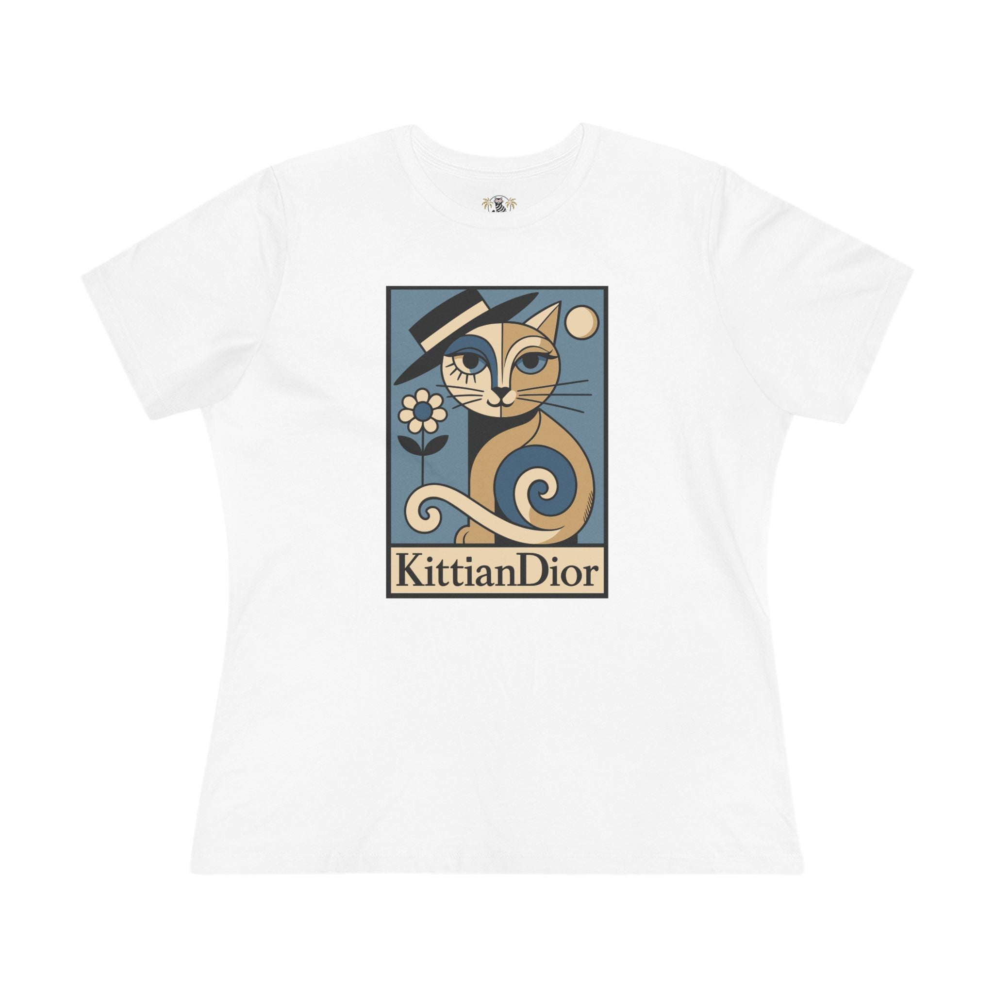 Kittian Dior La Parisienne Boxed Art Deco Women's Cat Graphic T Shirt for Cat Lovers in white front flat view