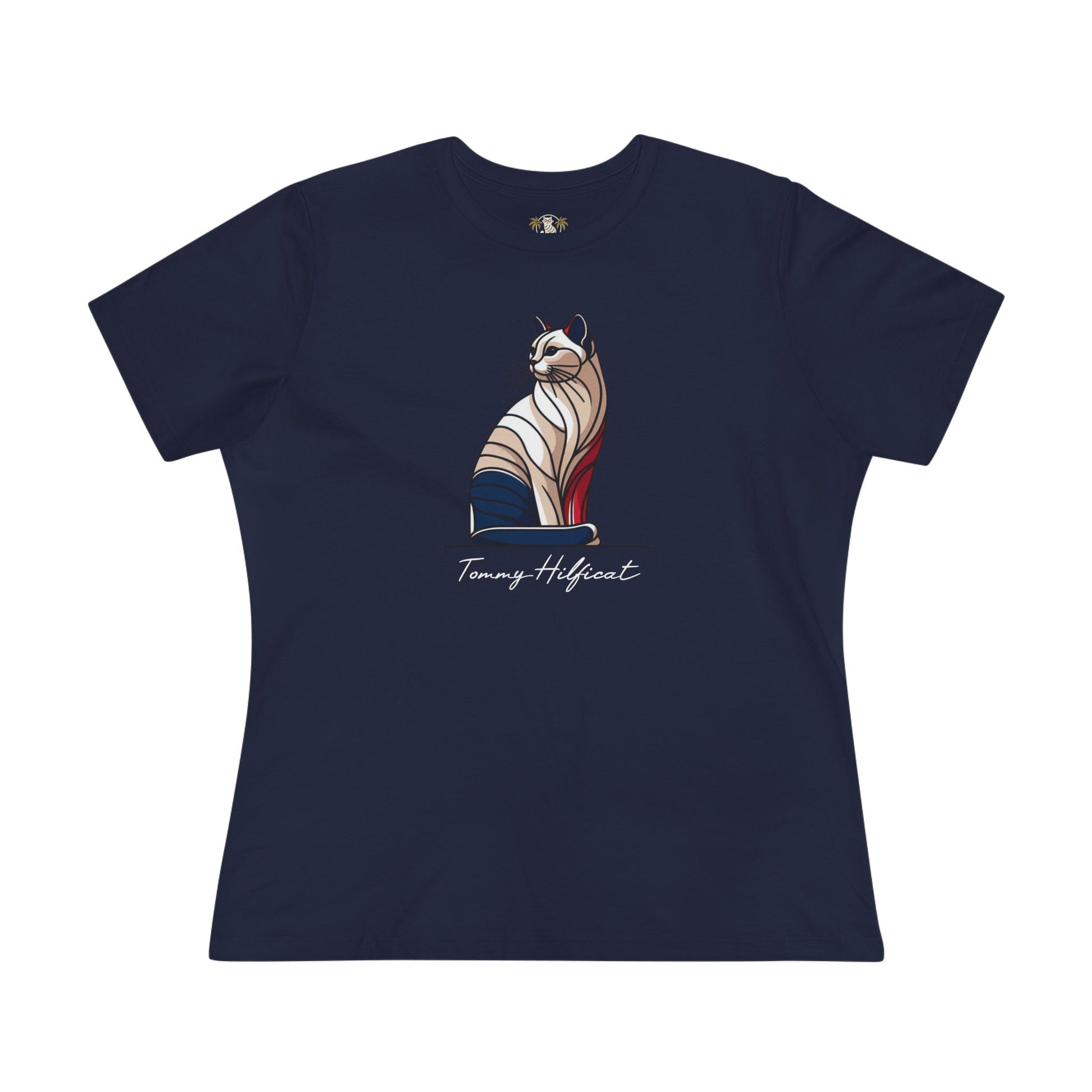 Tommy Hilficat The Sitting Icon Women's T Shirt in Navy Blue, t shirts with cats