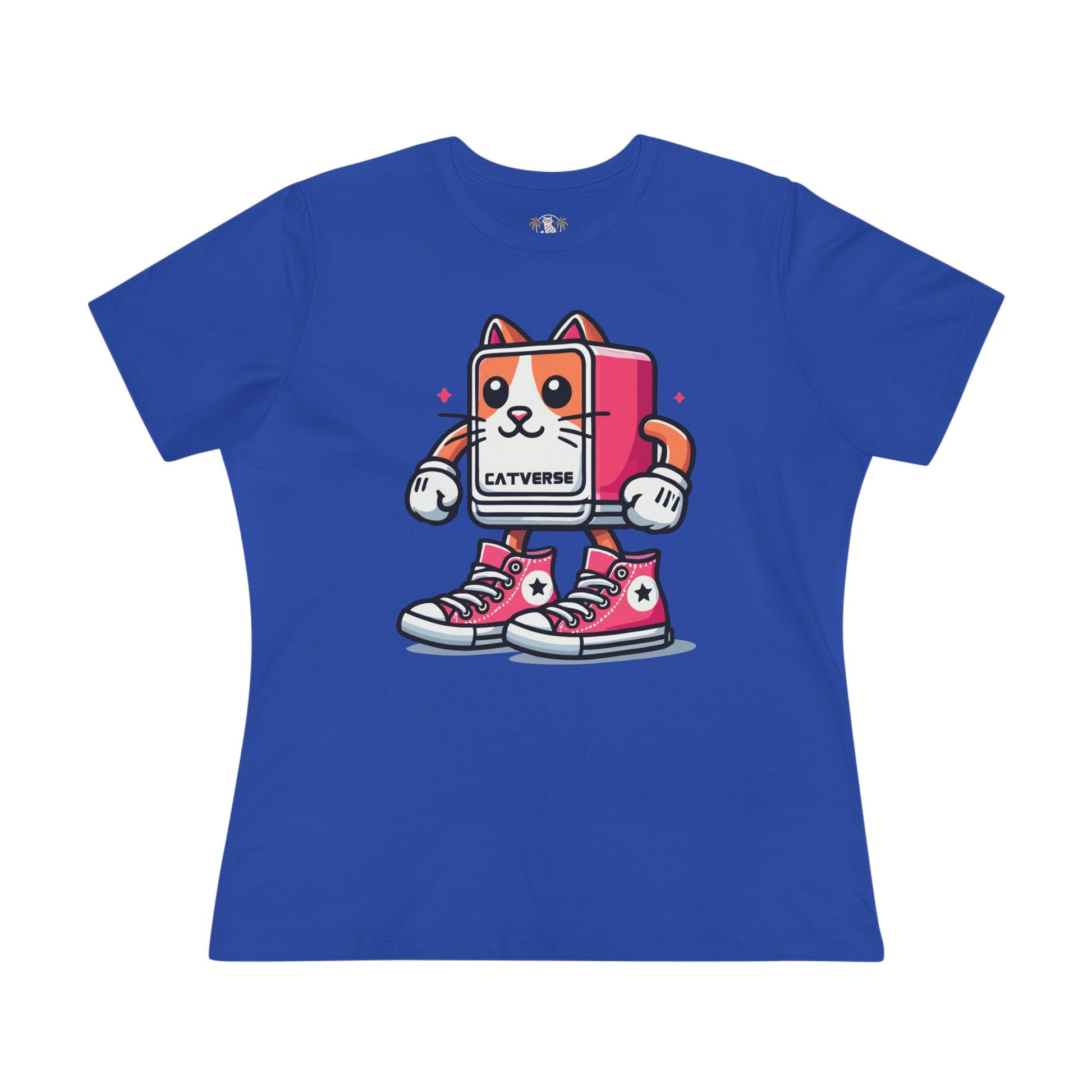 Catverse Pinkbot Cat Graphic Women’s T-Shirt in true royal blue flat lay front view, cat t shirt women's, funny cat shirts for guys
