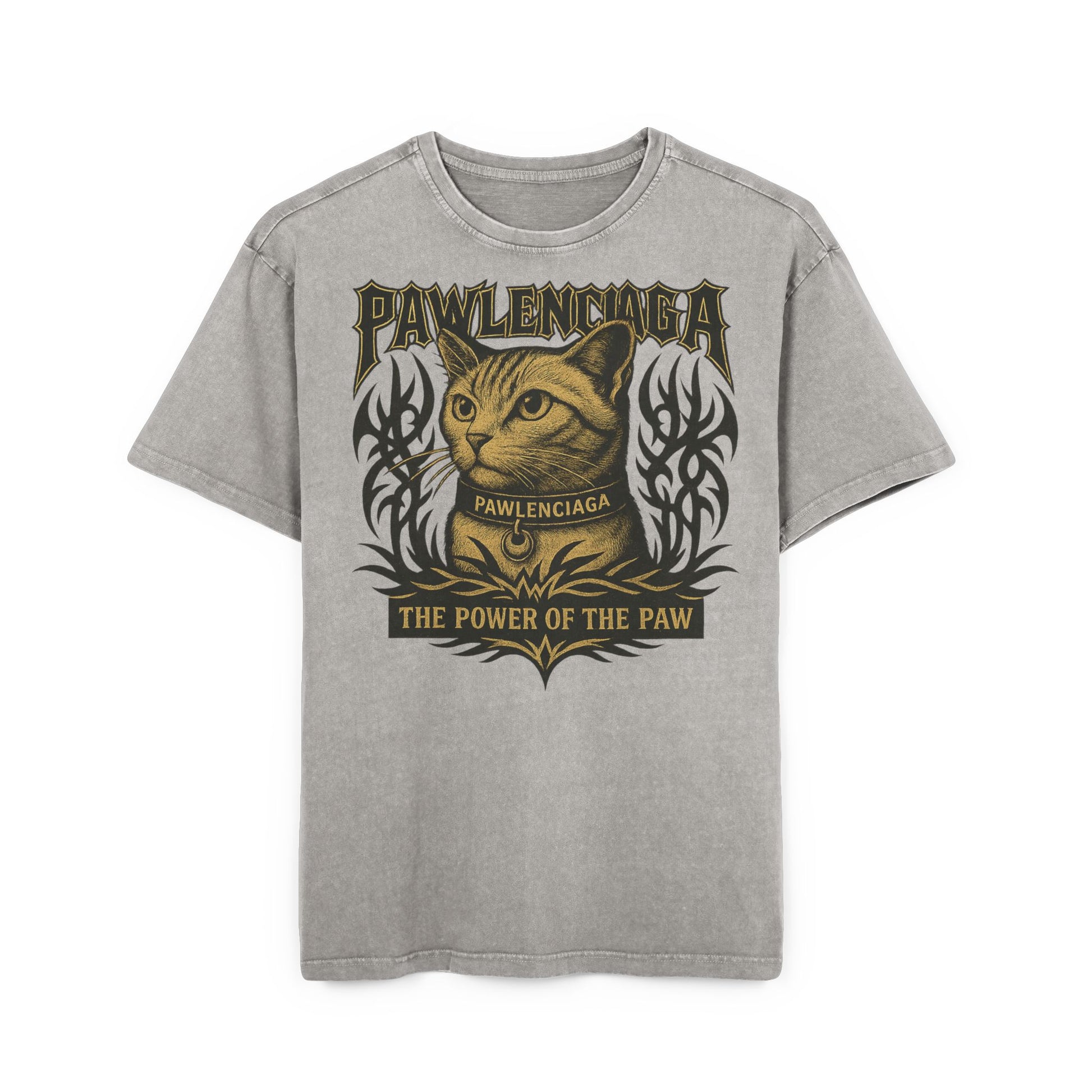 Pawlenciaga The Power of Paw Acid Washed Oversized T Shirt in Asphalt, front graphic view