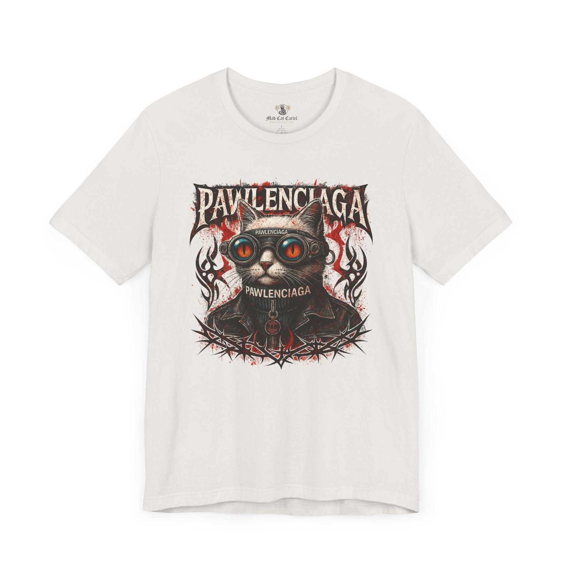 Pawlenciaga Apocalypse Cat Graphic T Shirt in Vintage White, flat lay front view, cat themed shirts, cool mens t shirts, shirts for cat lovers