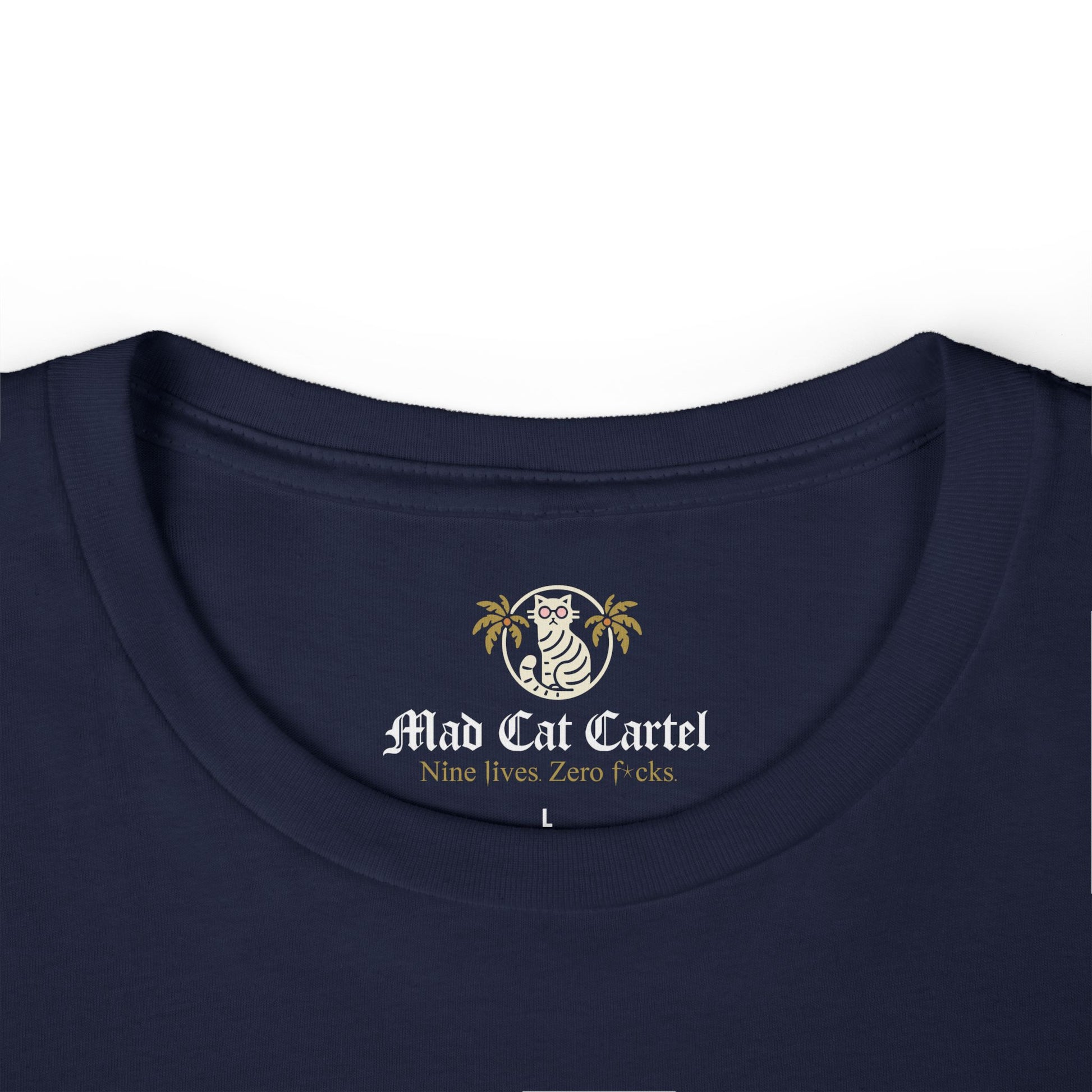 Cat themed shirts womens navy blue neckline close up crew neck