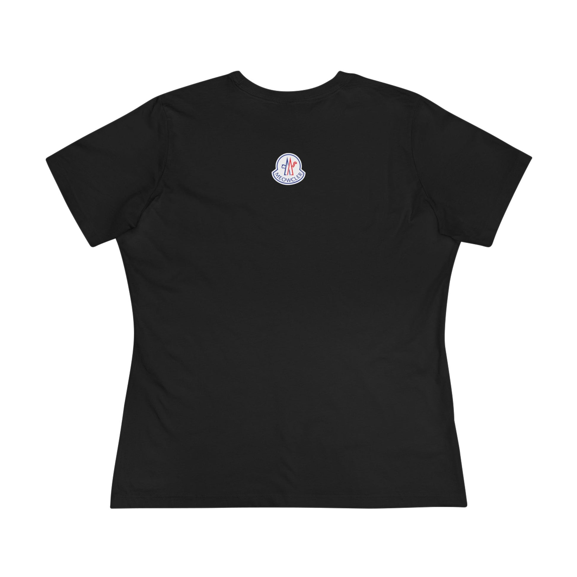 Back view plain black women’s cat t shirt with small logo, items for cat lovers