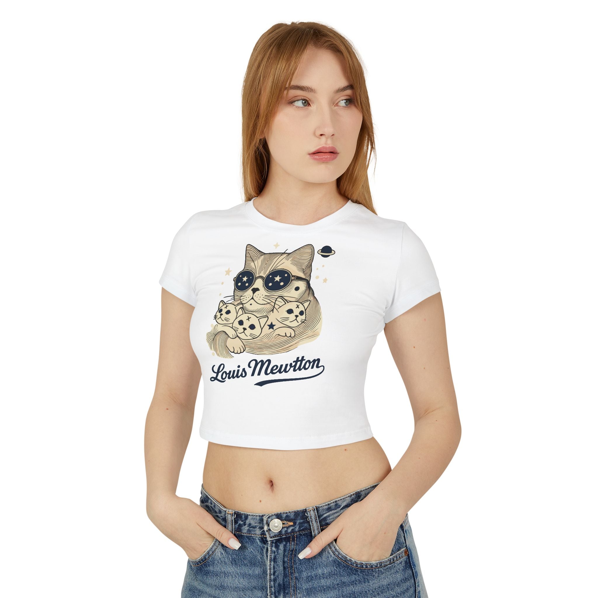 White baby tees with cats on model front view