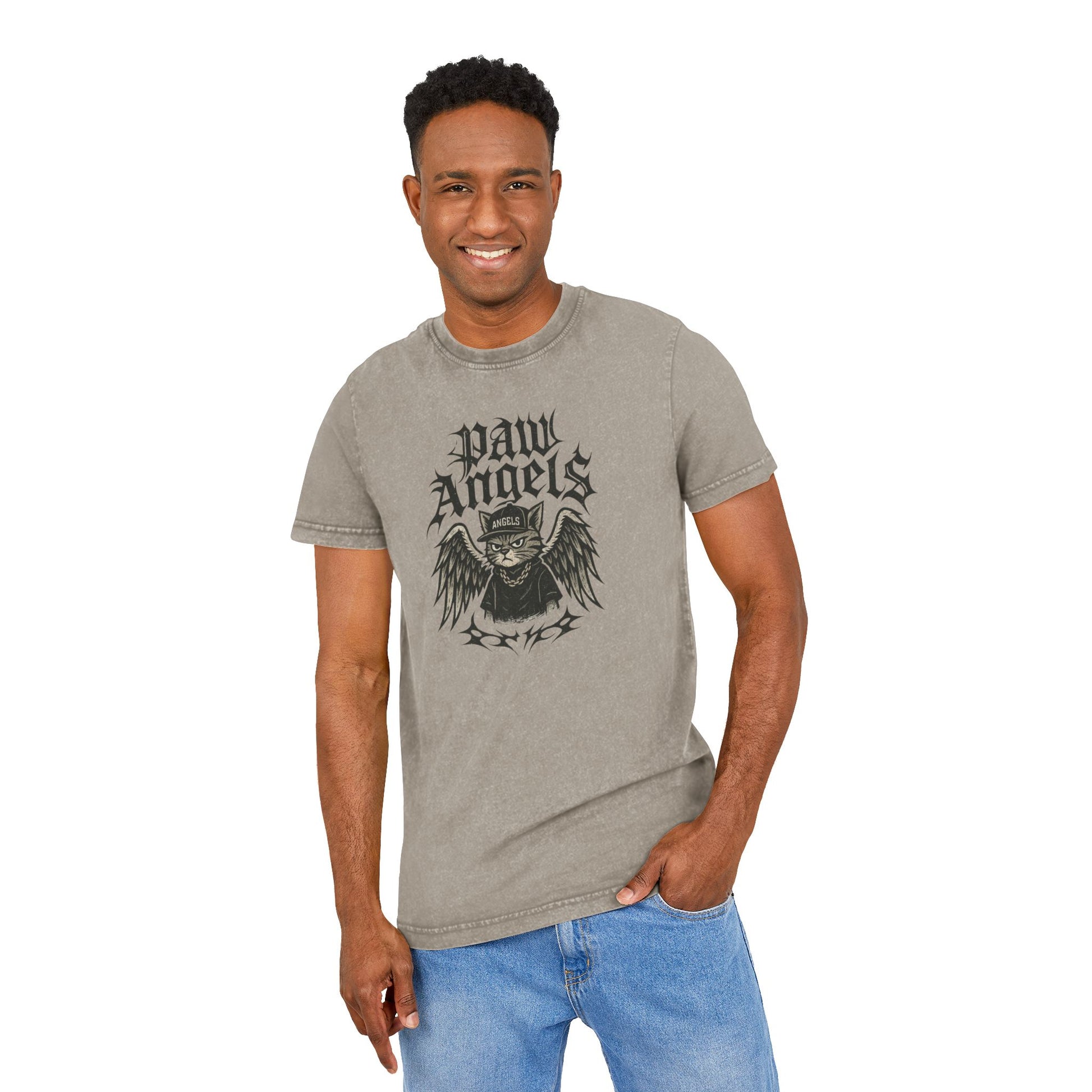Paw Angels Rebel Angel Acid Washed T-Shirt on male model front, mens cat shirts