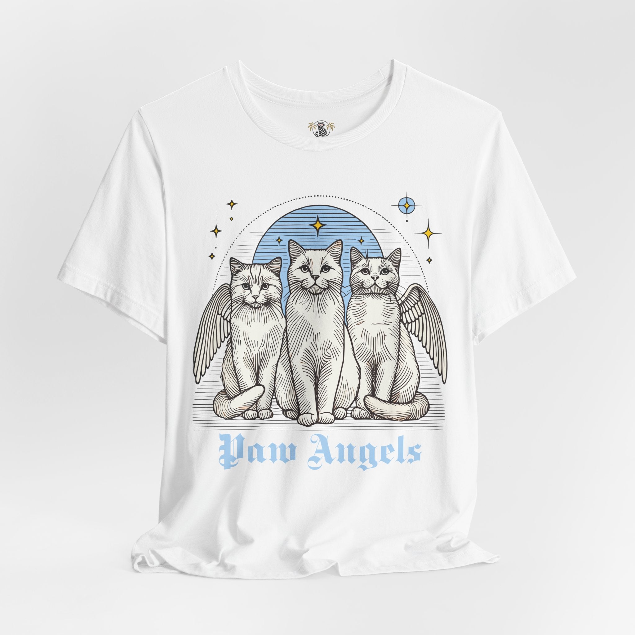 Paw Angels Holy Trinity cat graphic t shirt in White, front view – tee shirts with cats, gifts for cat lovers