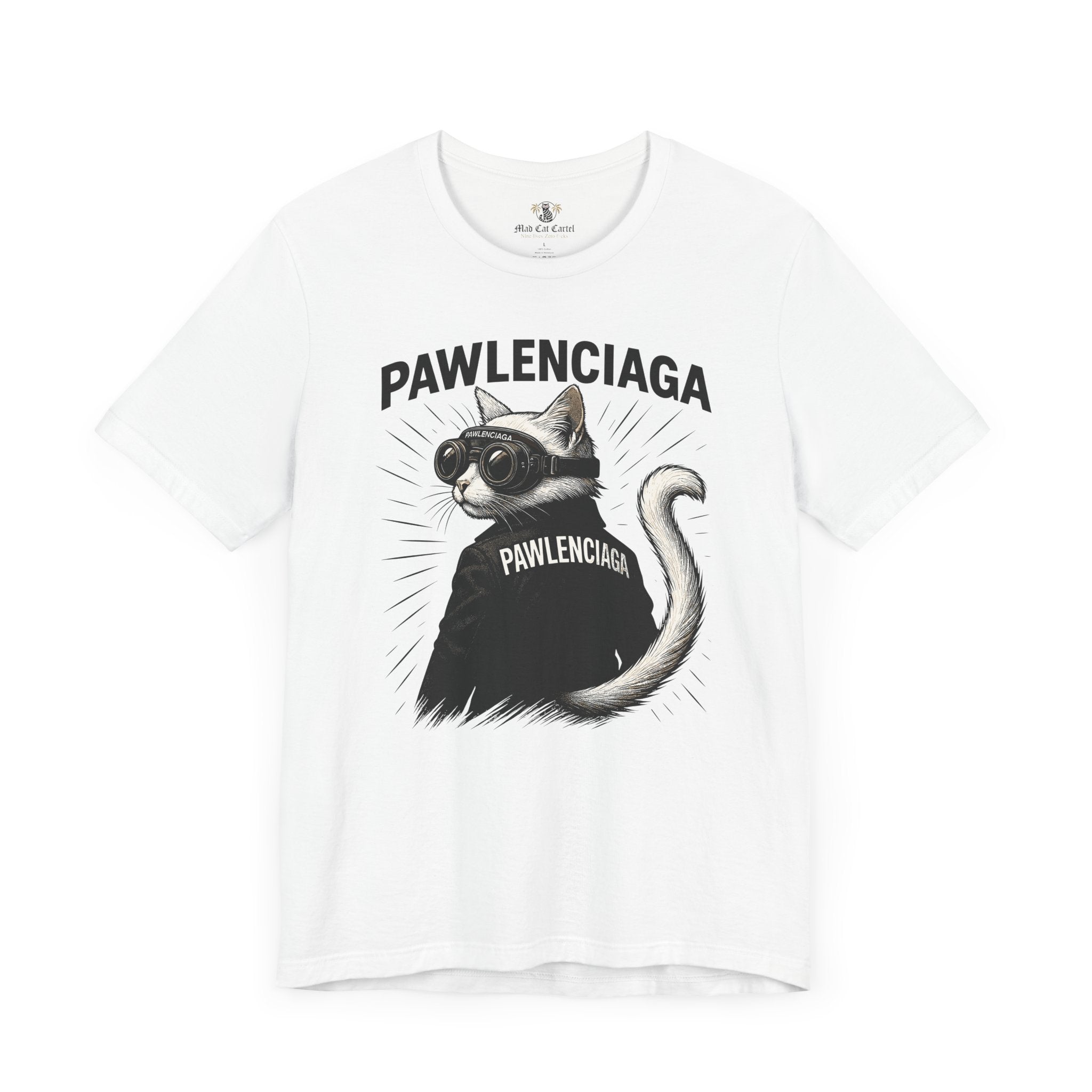 Pawlenciaga Cat With Goggles Back Pose Graphic T-Shirt, white, tee shirts with cats, front view