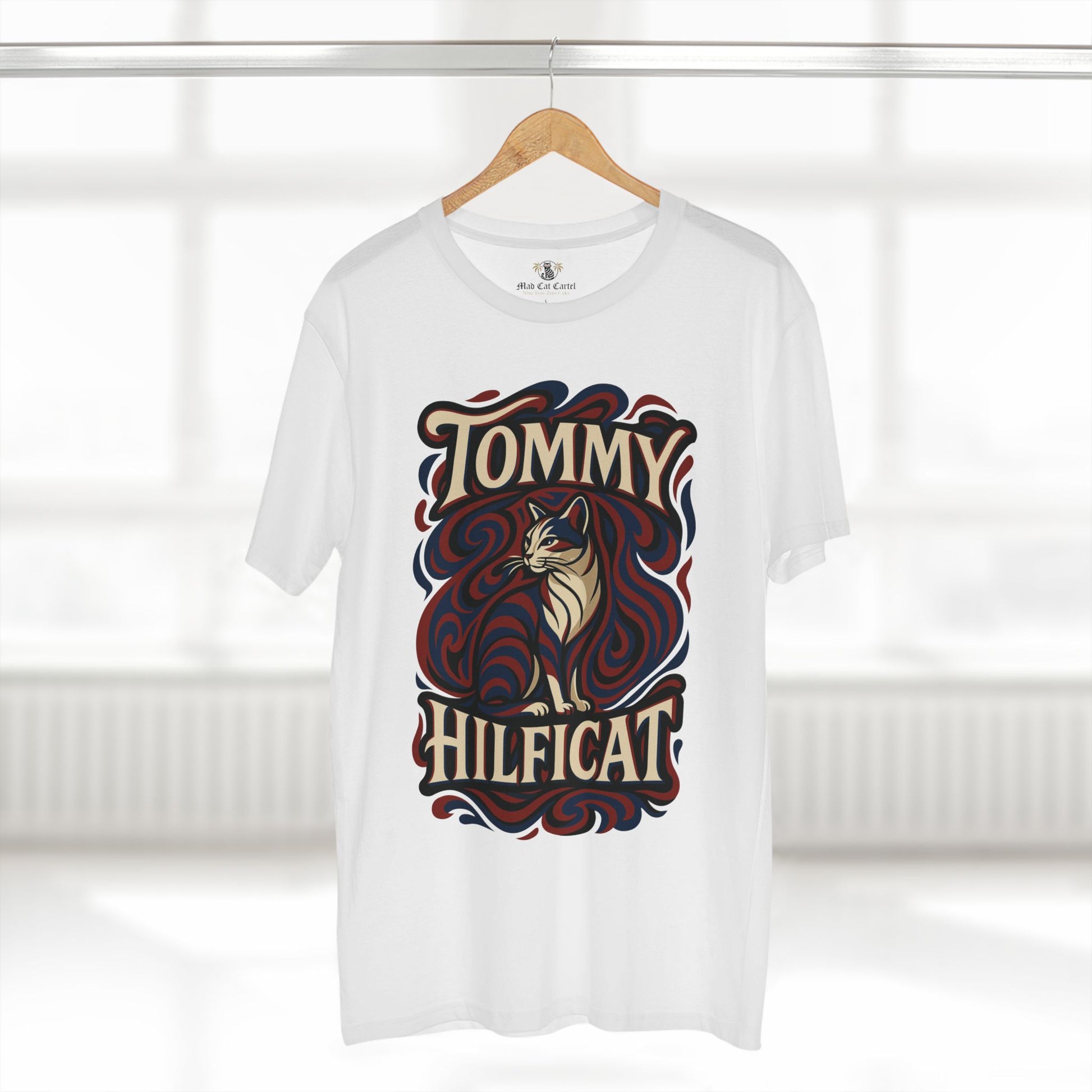 White mens cat tee on hanger display