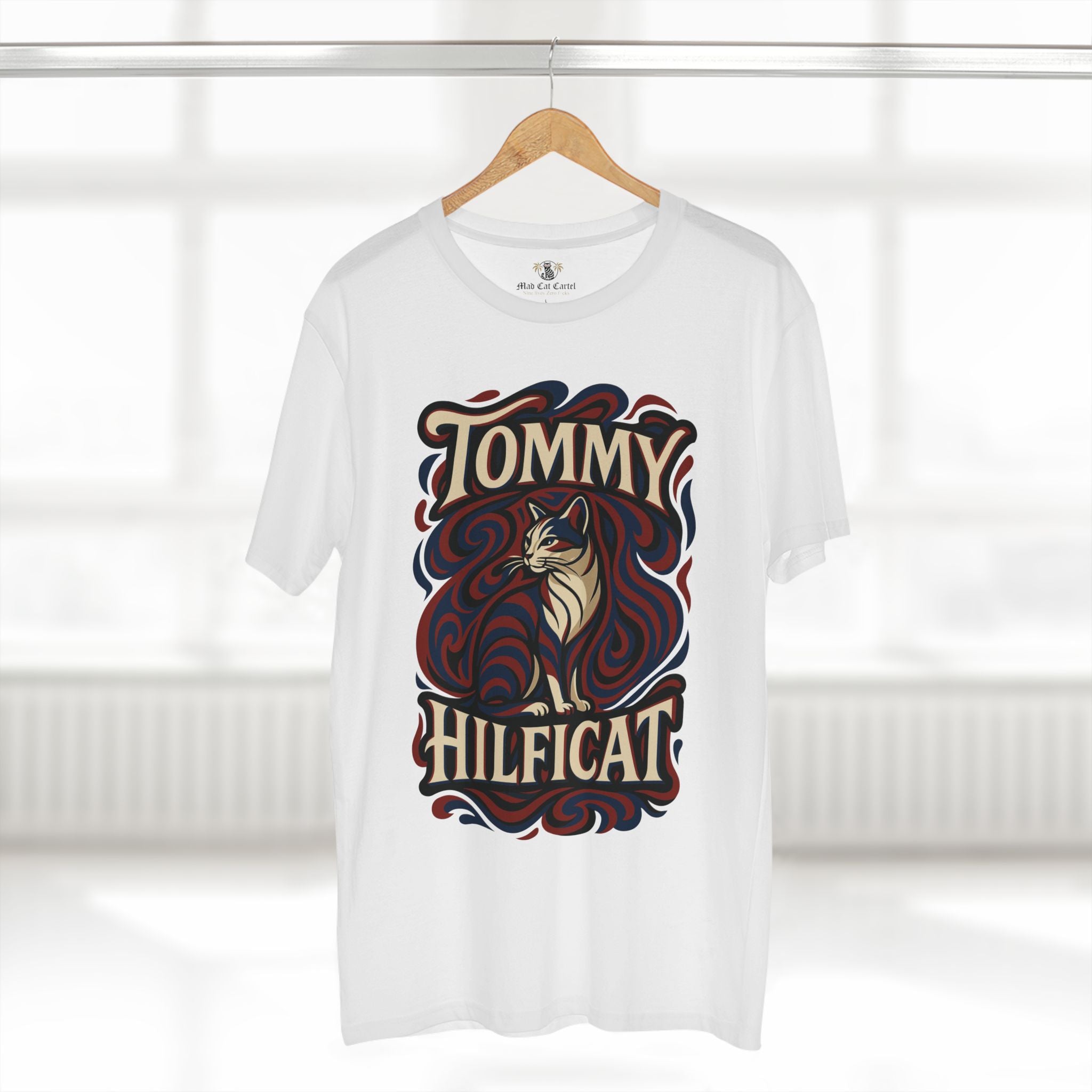 White mens cat tee on hanger display