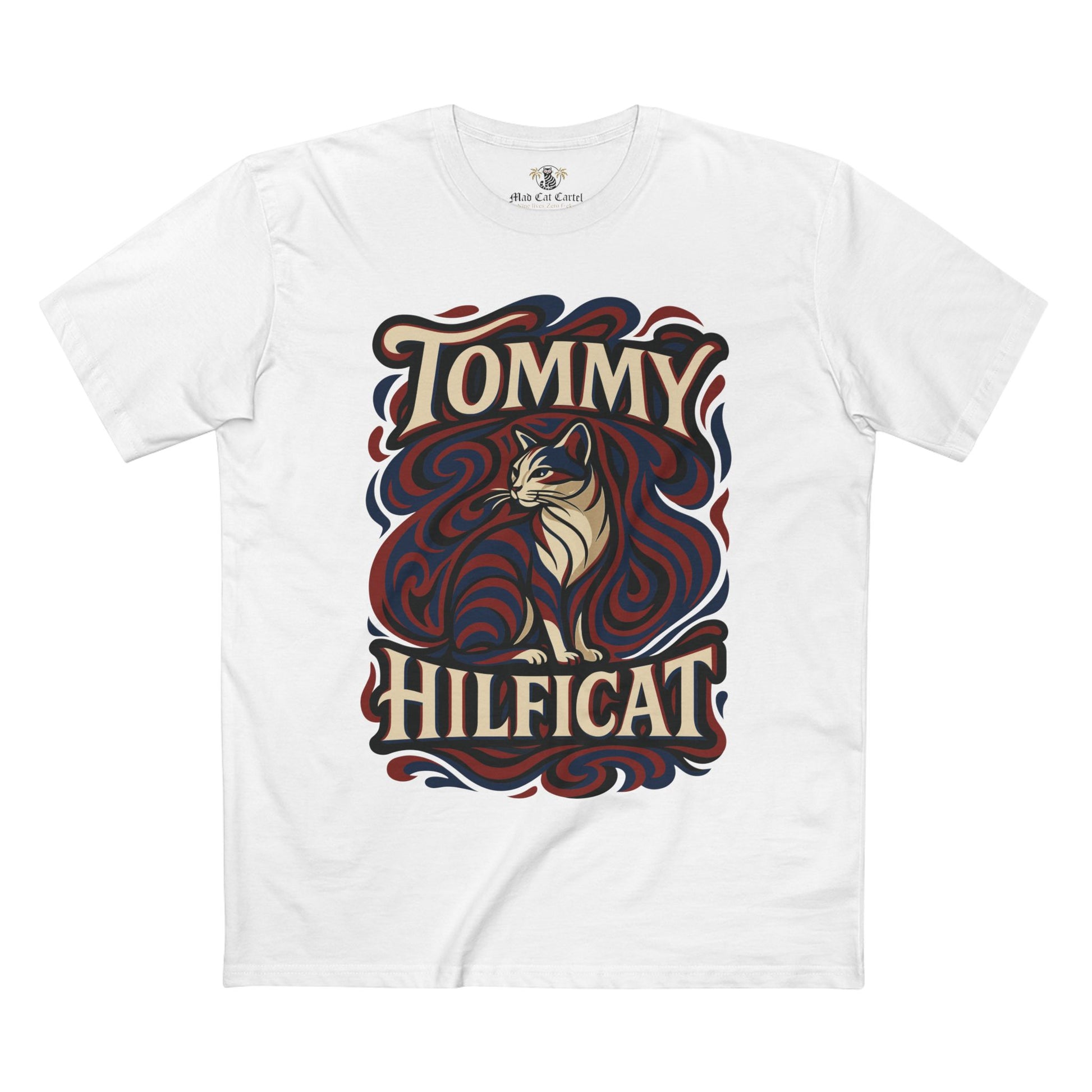 Tommy Hilficat Swirl Statement Cat Graphic T-Shirt White – cat themed clothing flat lay front