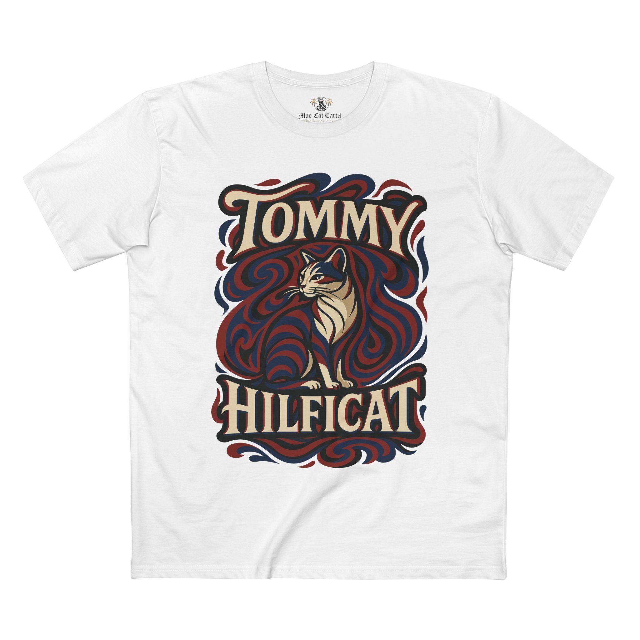 Tommy Hilficat Swirl Statement Cat Graphic T-Shirt White – cat themed clothing flat lay front